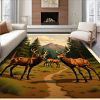 Majestic Deer Forest Mountain Scene Rug