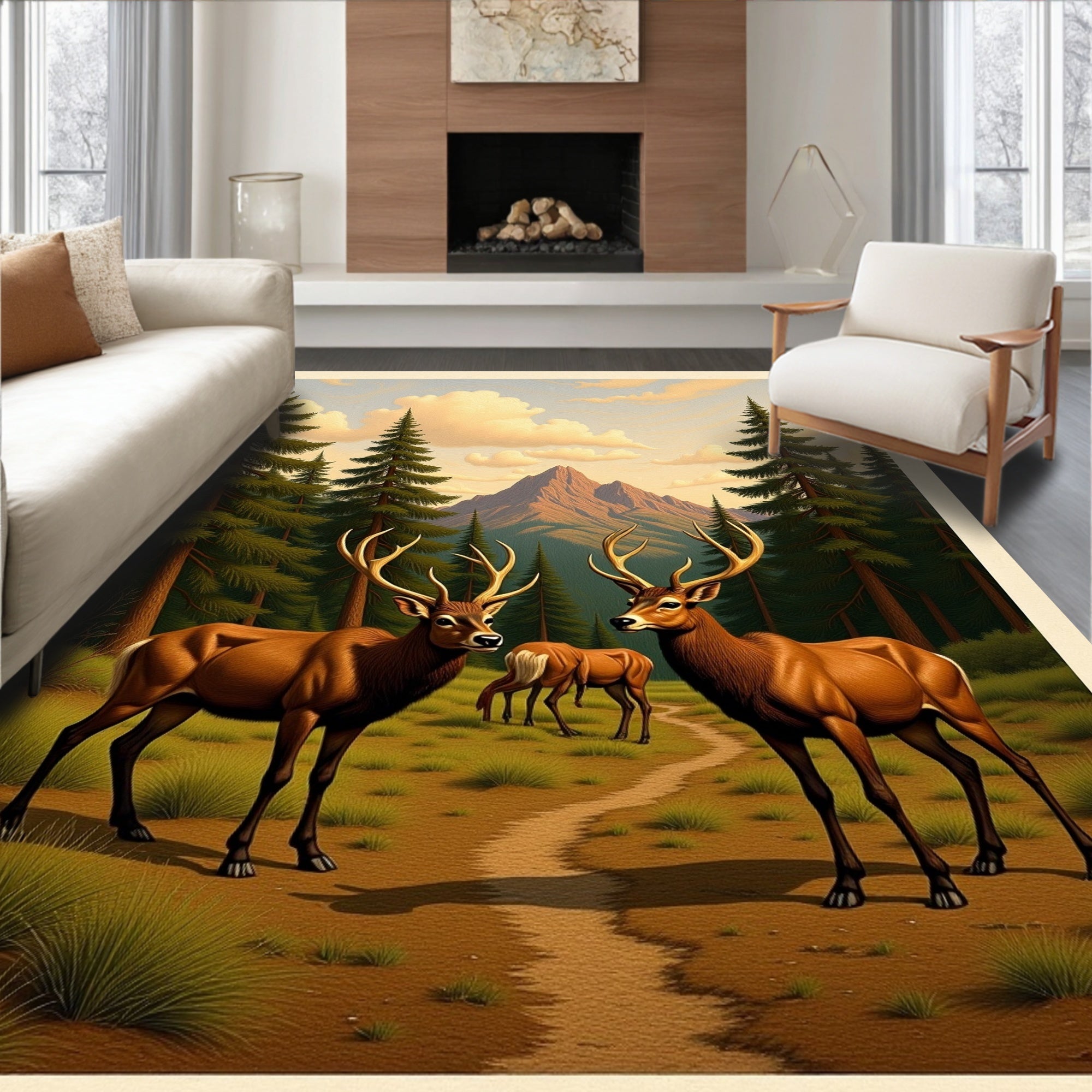 Majestic Deer Forest Mountain Scene Rug