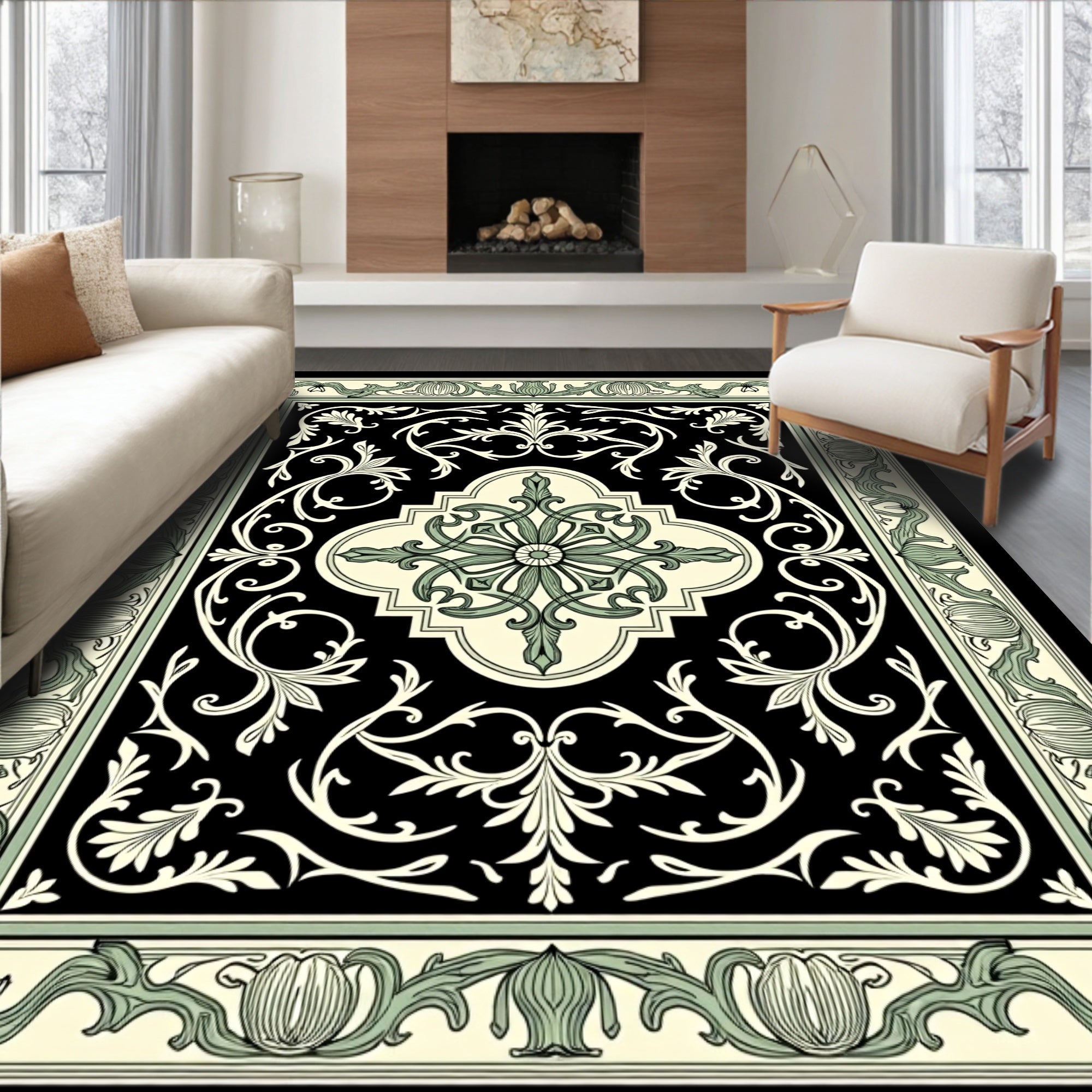 Vintage Black Ivory Green Floral Medallion Rug