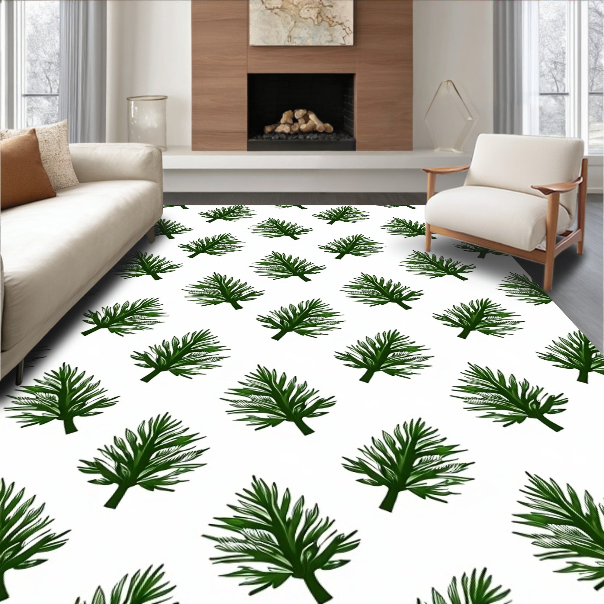 Foliage Patterned Green Leaf Design Rug