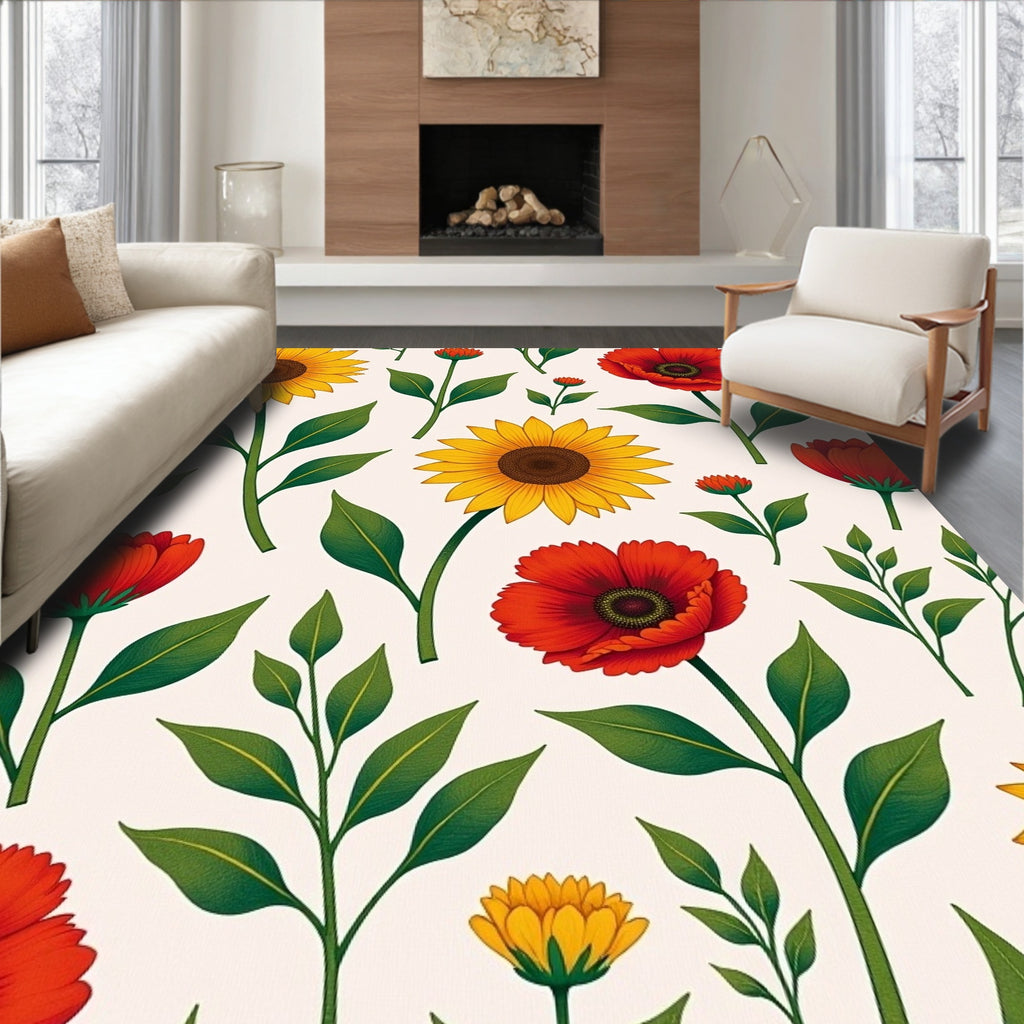 Vibrant Floral Sunflower Poppy Pattern Rug