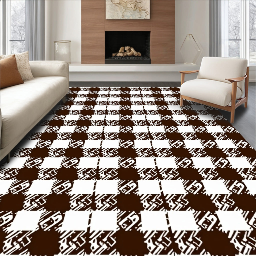 Brown White Checkered Pattern Rug