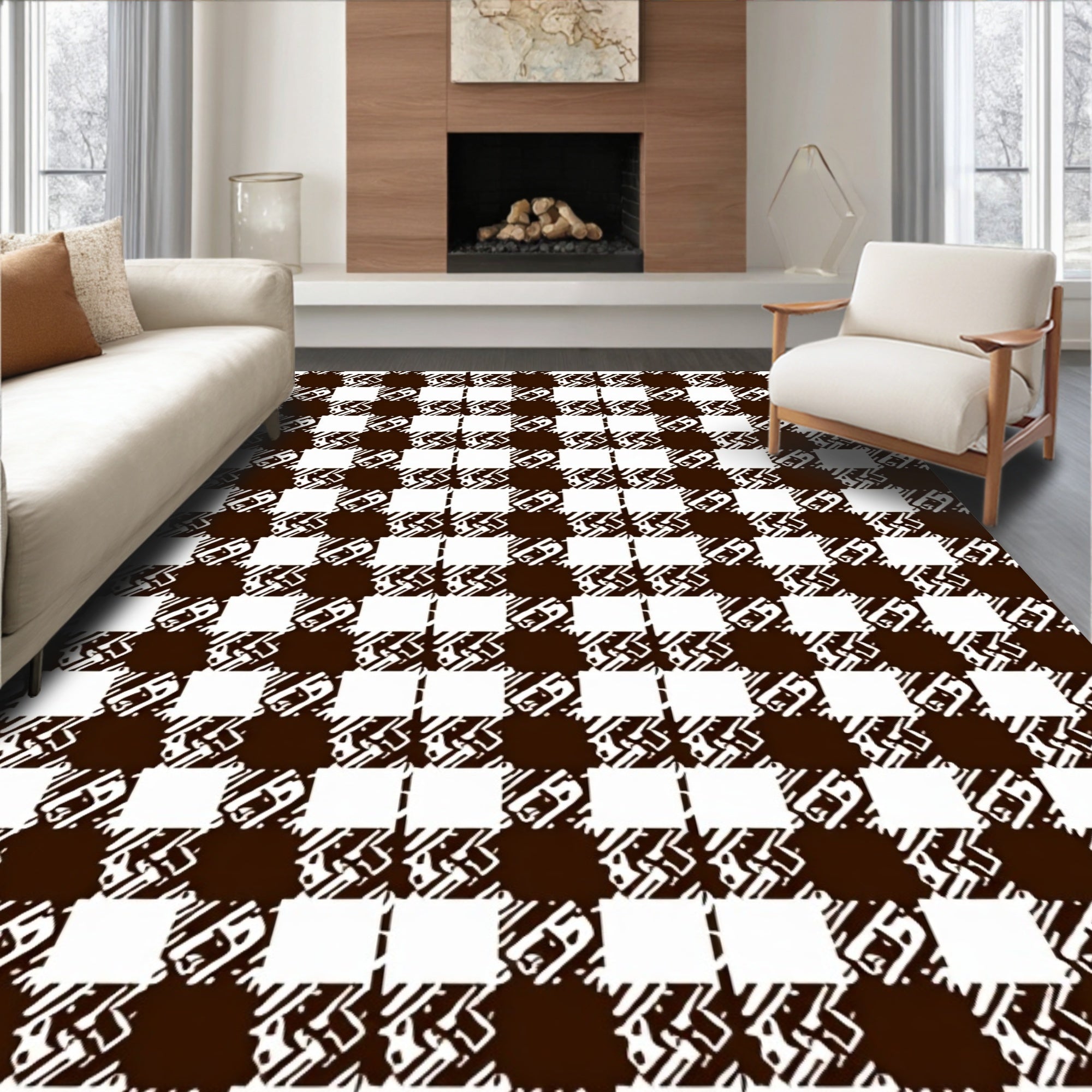 Brown White Checkered Pattern Rug