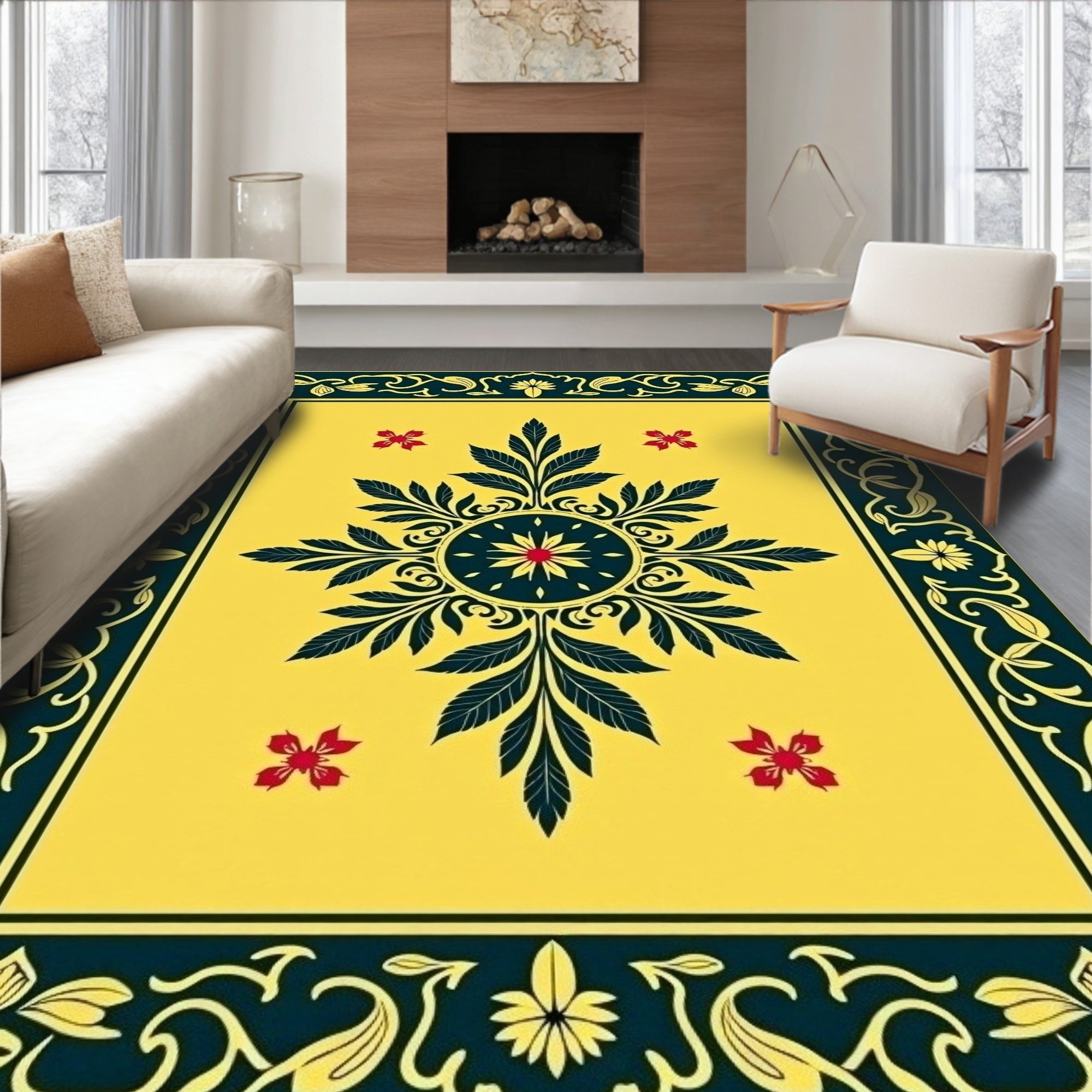 Golden Floral Leaf Design Rug