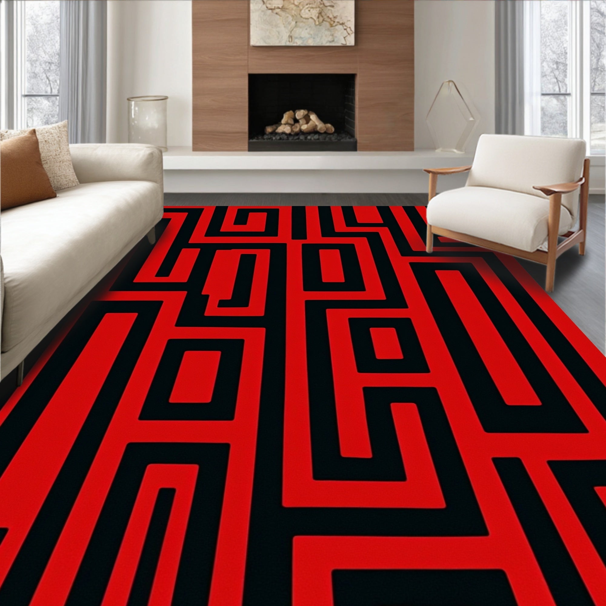 Geometric Maze Red Black Pattern Rug