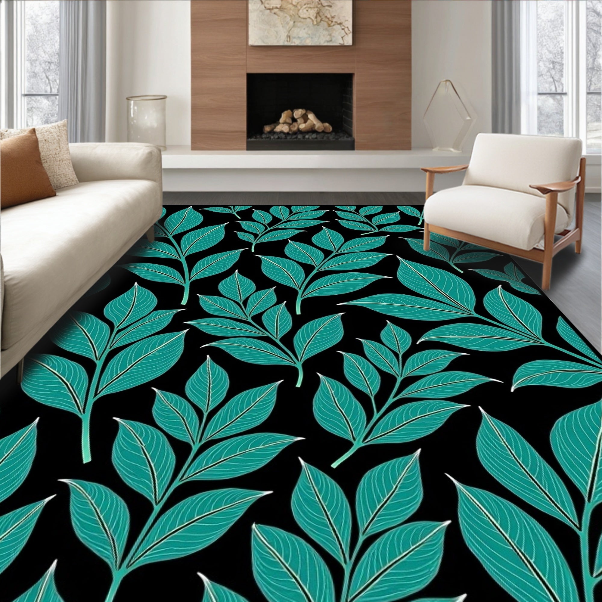 Teal Leafy Branch Black Background Rug