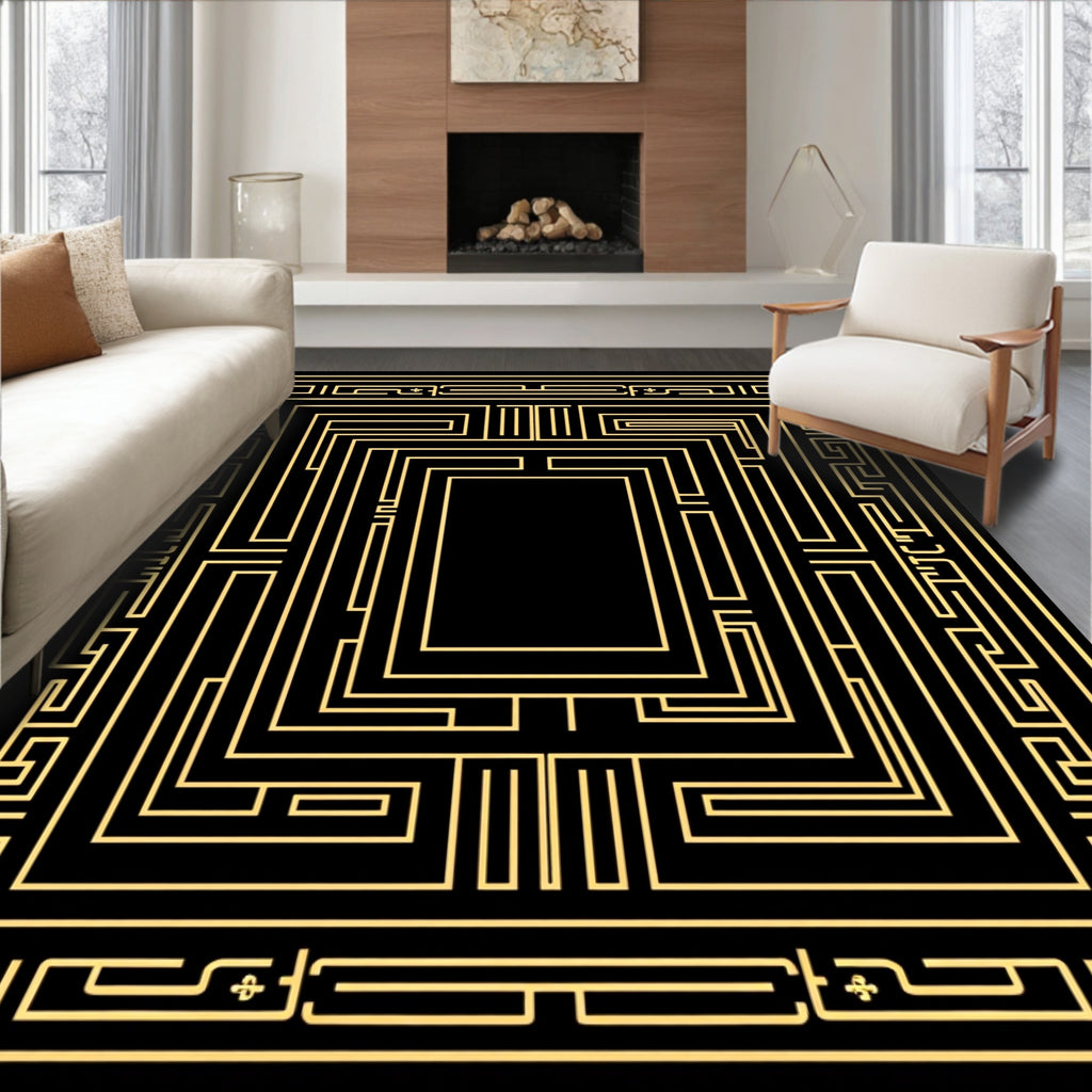 Black Gold Geometric Maze Pattern Rug
