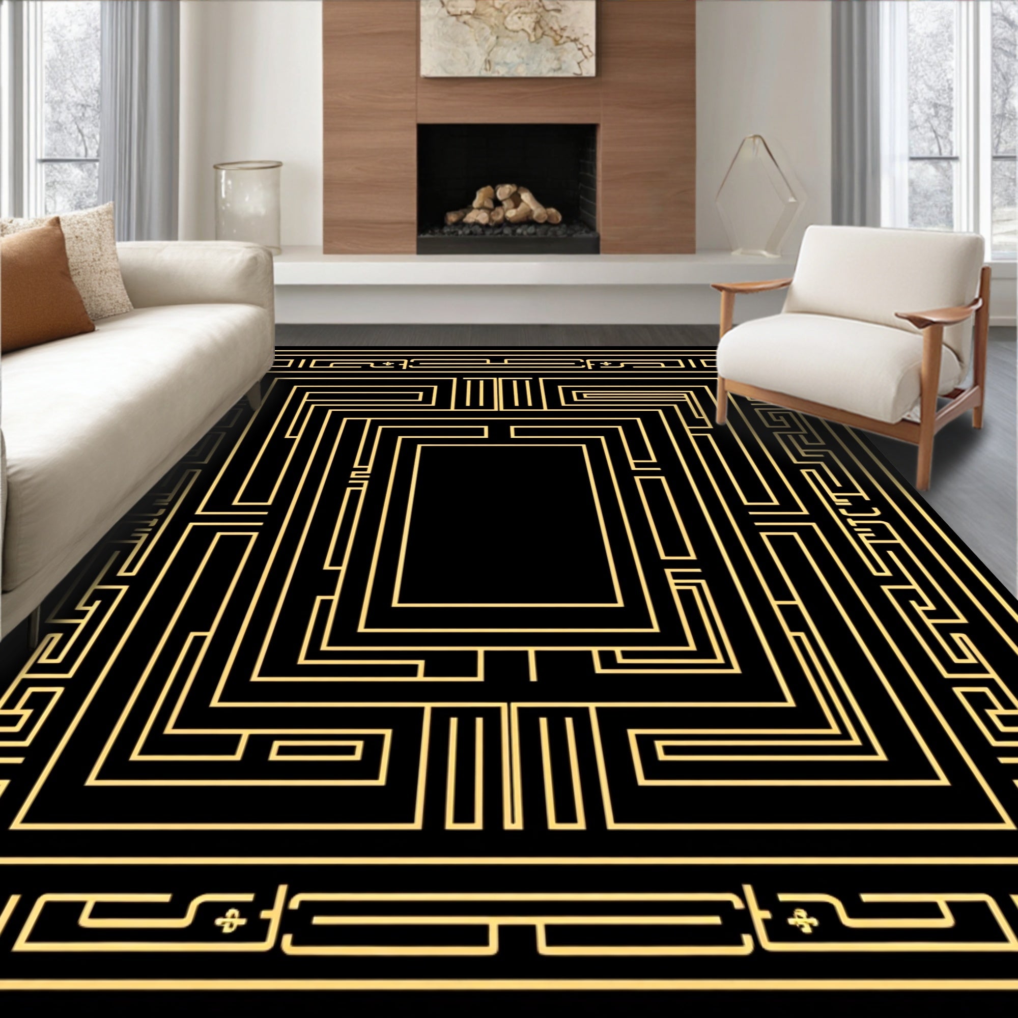 Black Gold Geometric Maze Pattern Rug