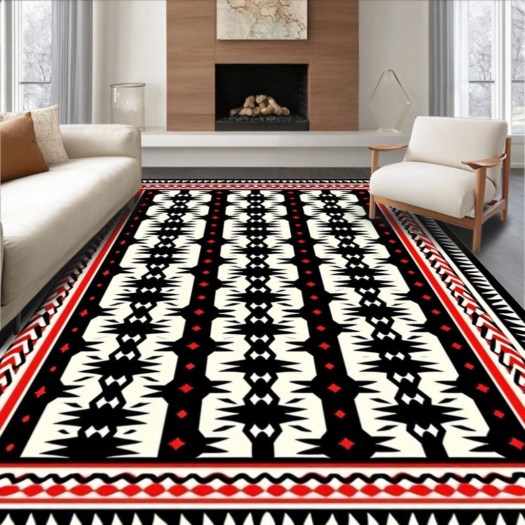Bold Red Black Tribal Pattern Rug