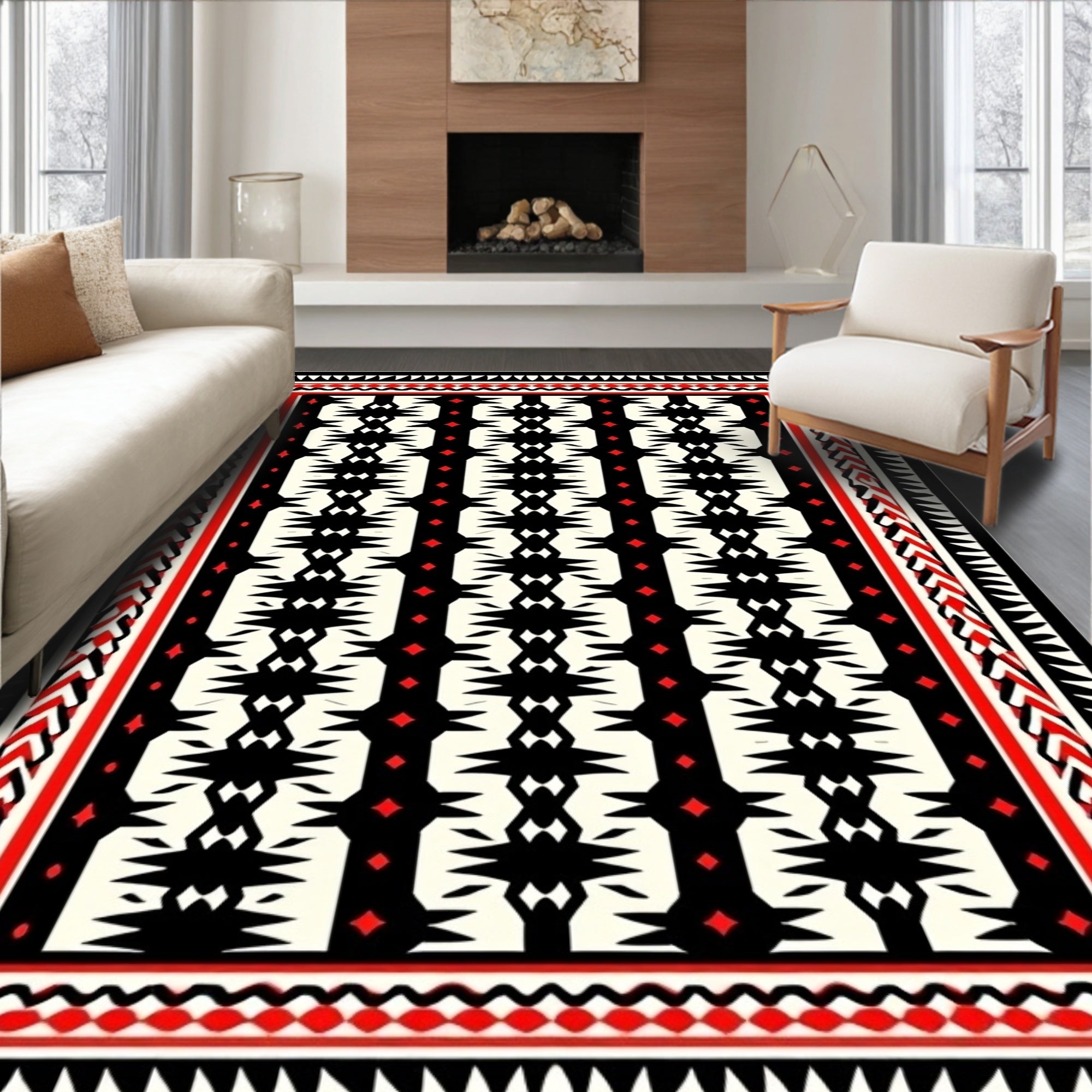 Bold Red Black Tribal Pattern Rug