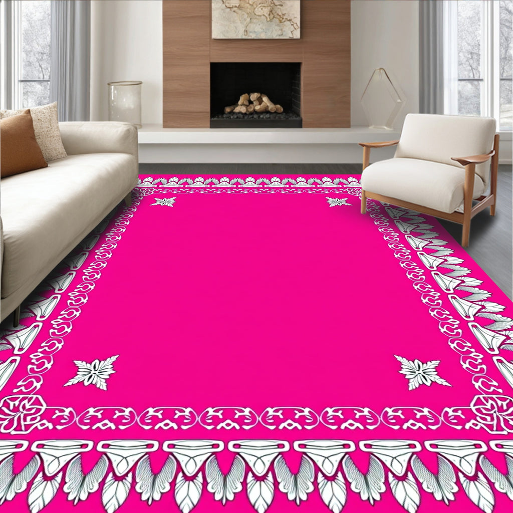 Ornate Pink Floral Leaf Border Rug