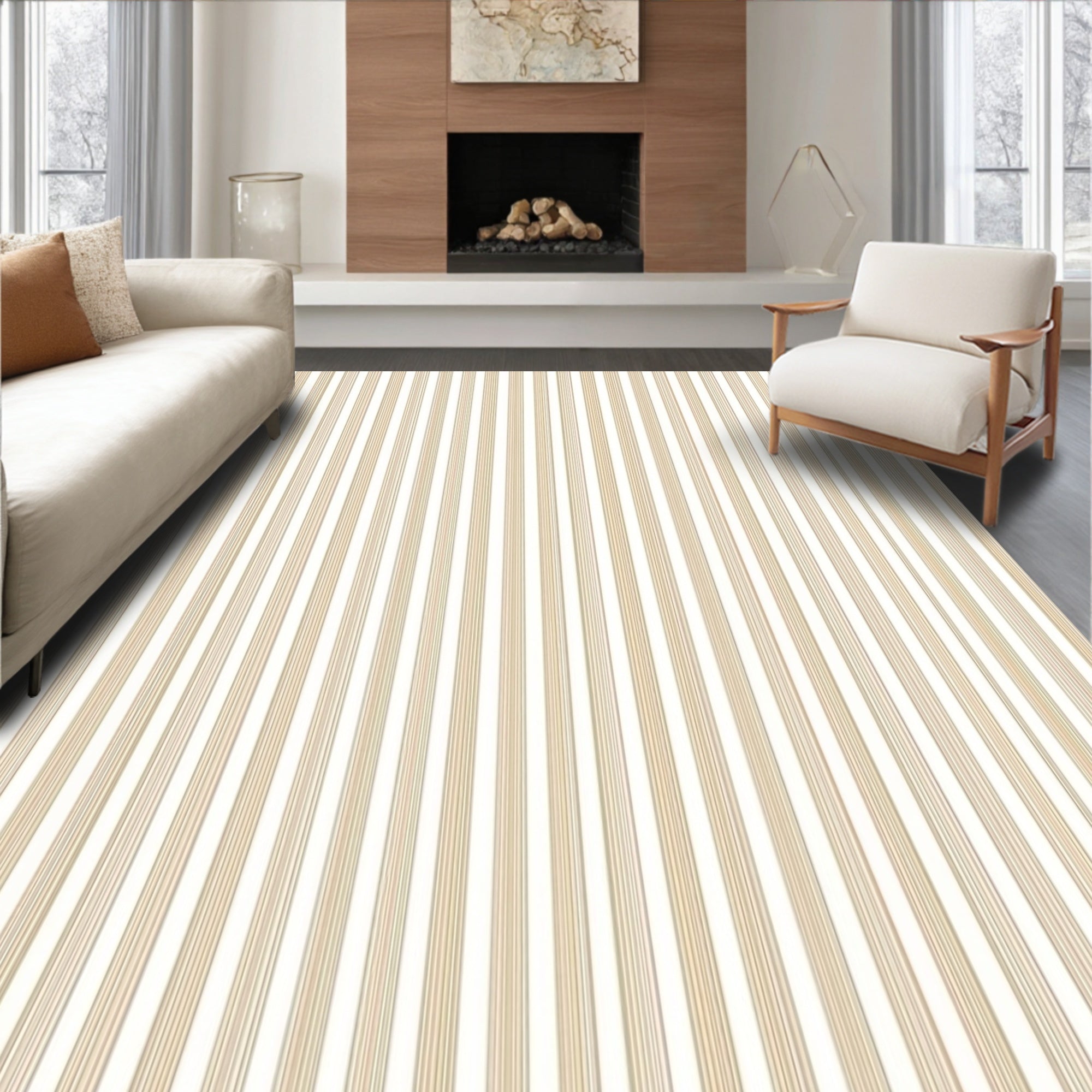 Elegant Beige Pinstripe Classic Design Rug