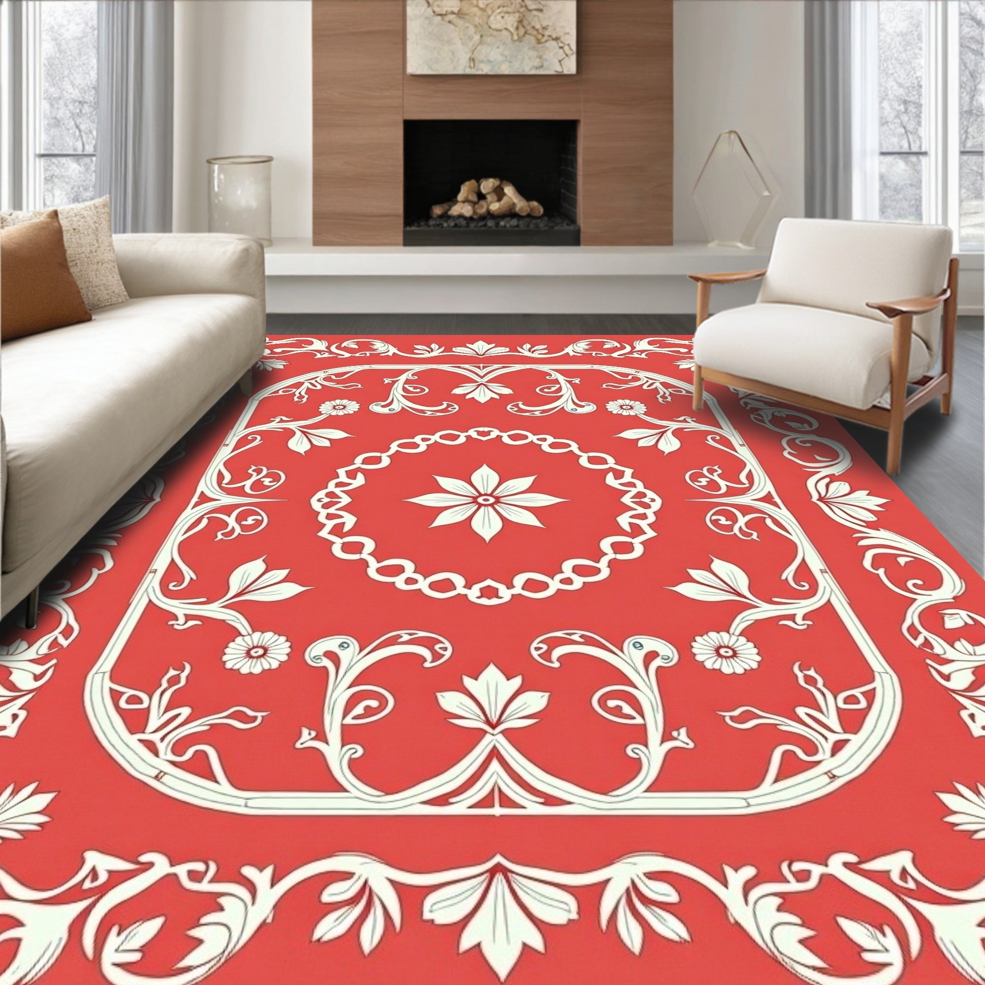 Elegant Red Floral Scrollwork Design Rug