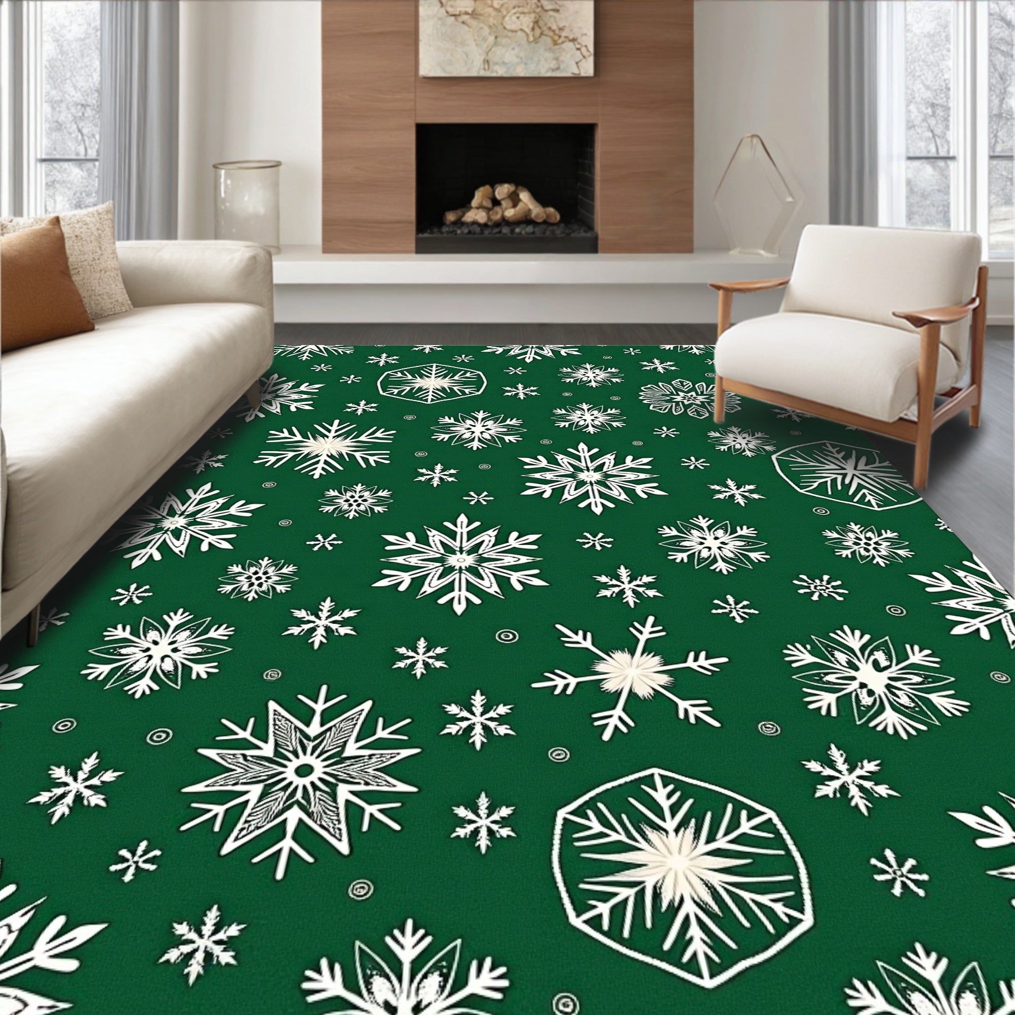 White Snowflake Patterned Green Rug