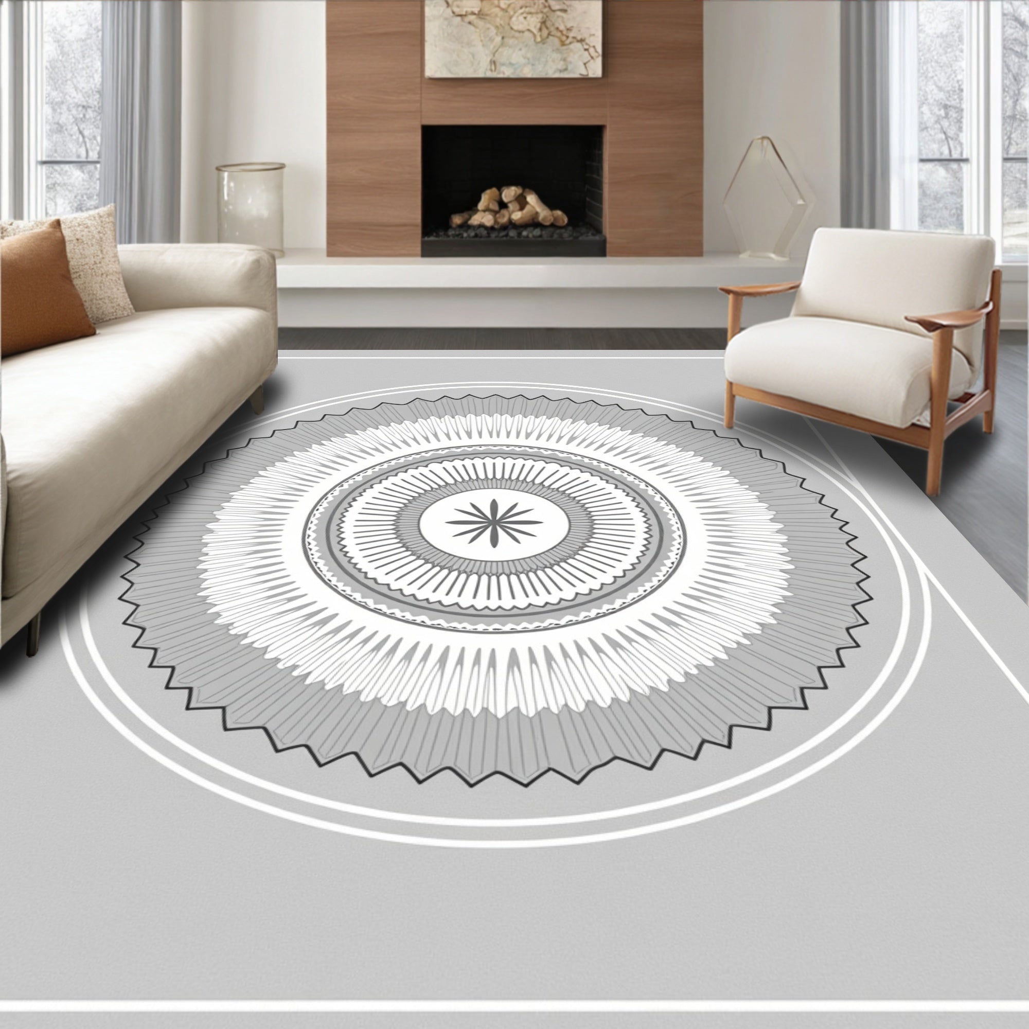 Monochromatic Geometric Mandala Pattern Rug