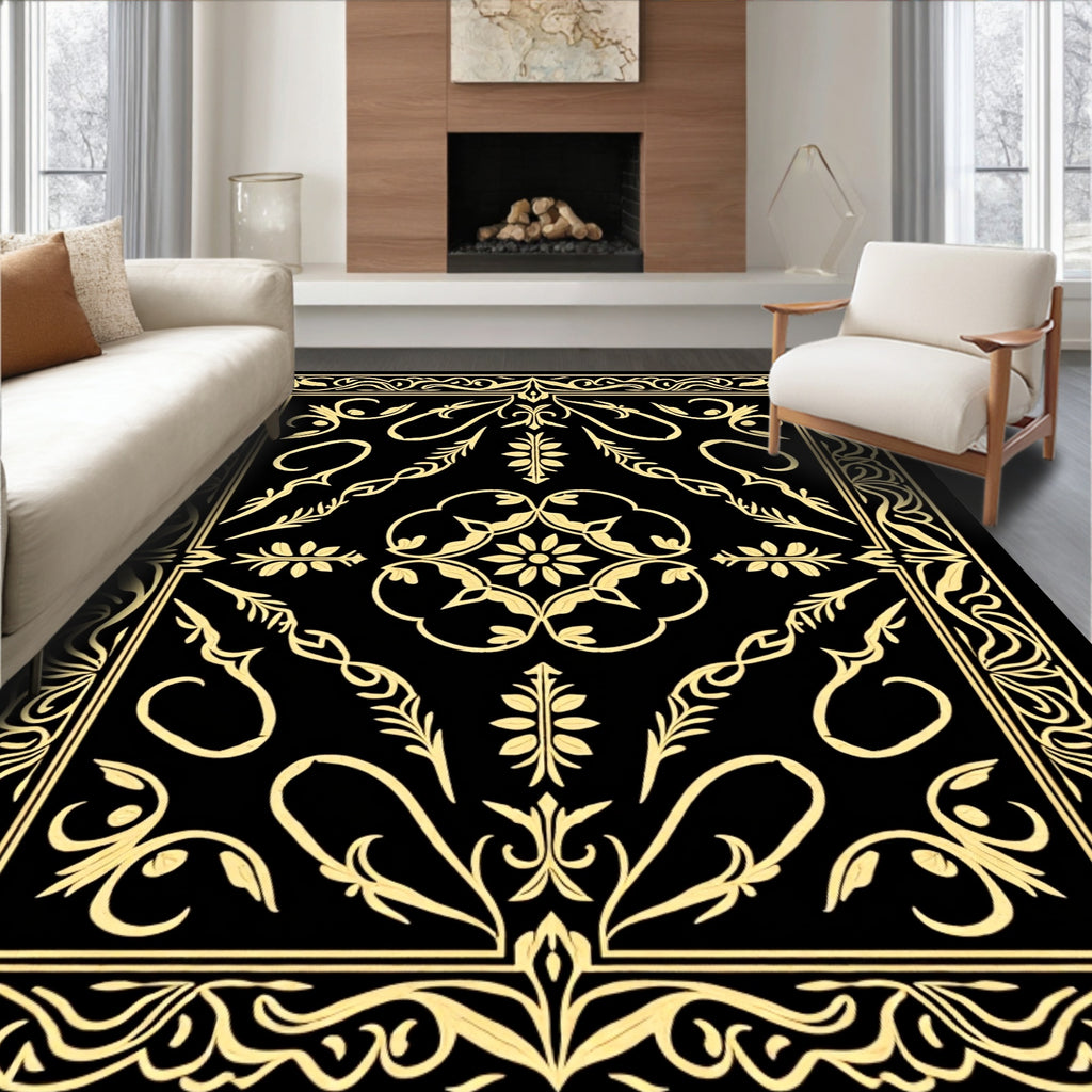 Elegant Black Gold Floral Pattern Rug