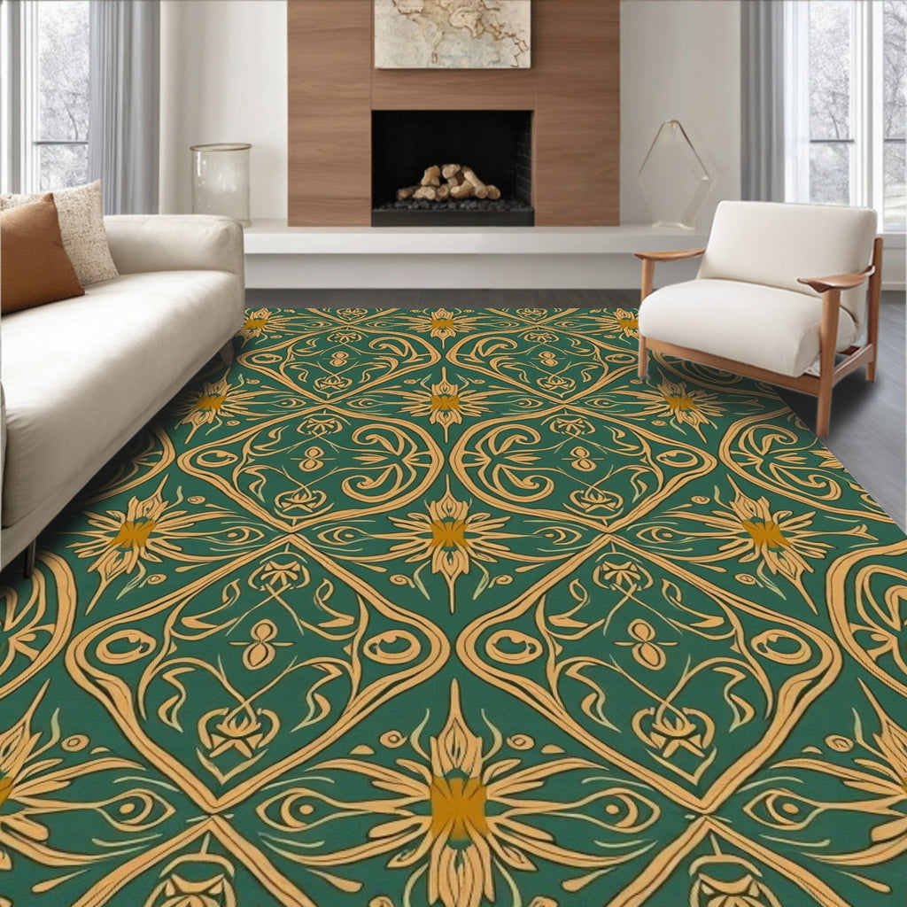Gold And Green Floral Art Nouveau Rug