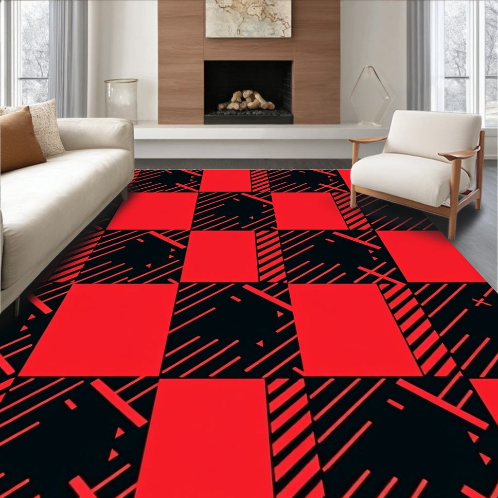 Bold Red Black Checkered Geo Pattern Rug