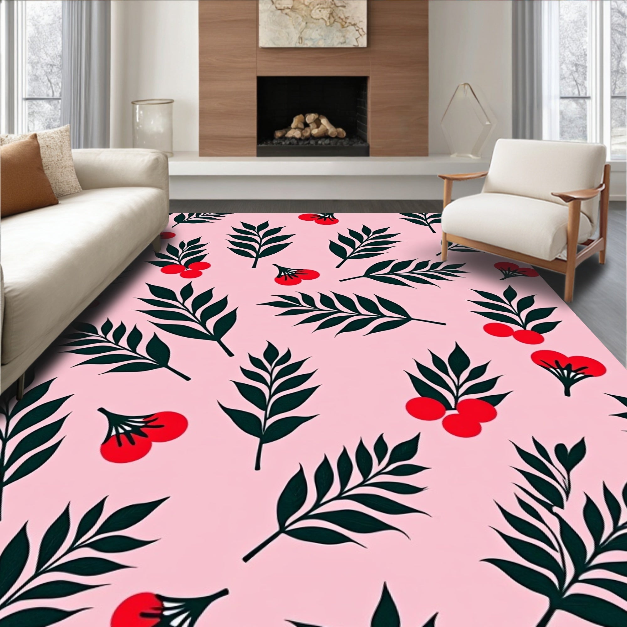 Leaf Berry Patterned Pink Rug