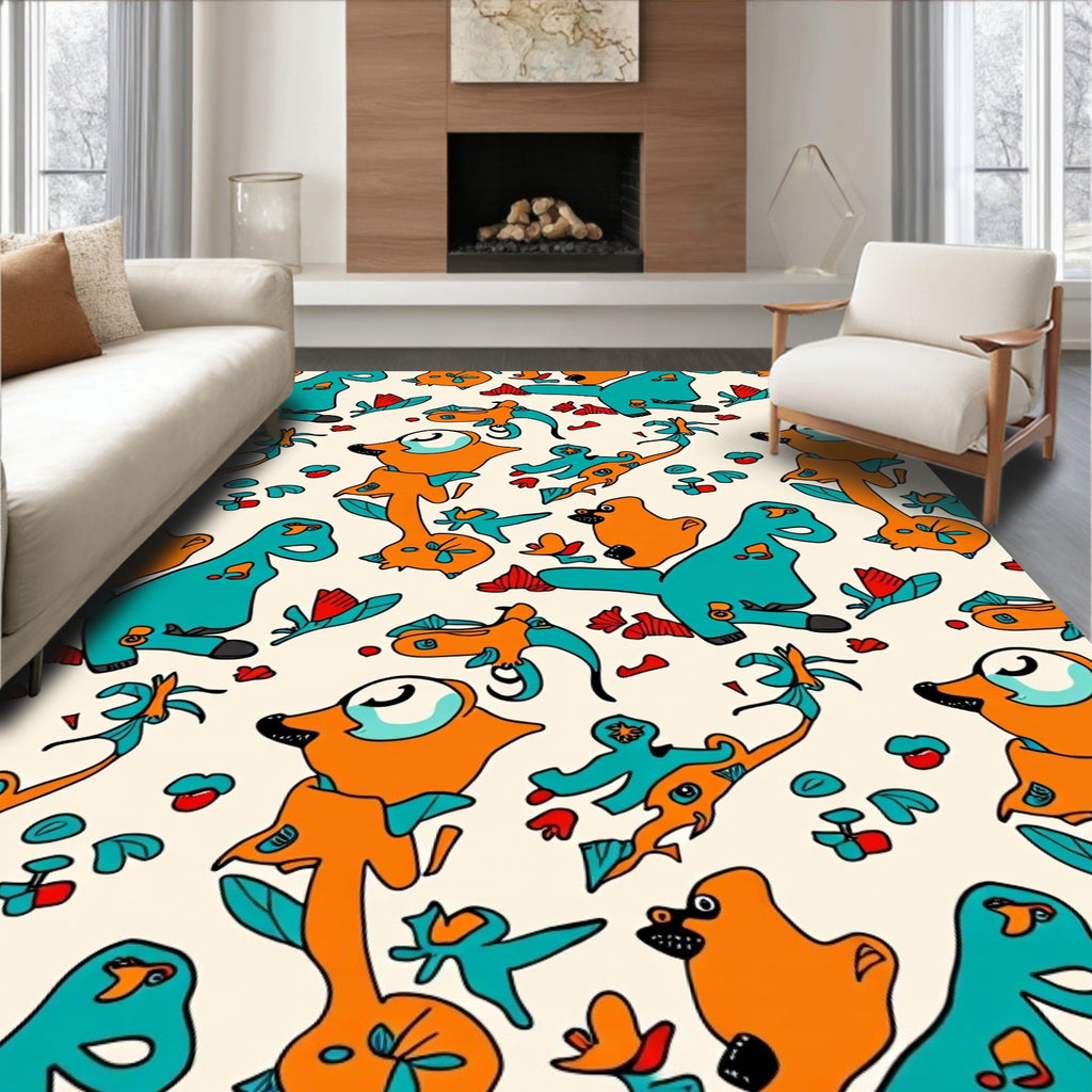 Whimsical Orange Teal Creature Pattern Rug