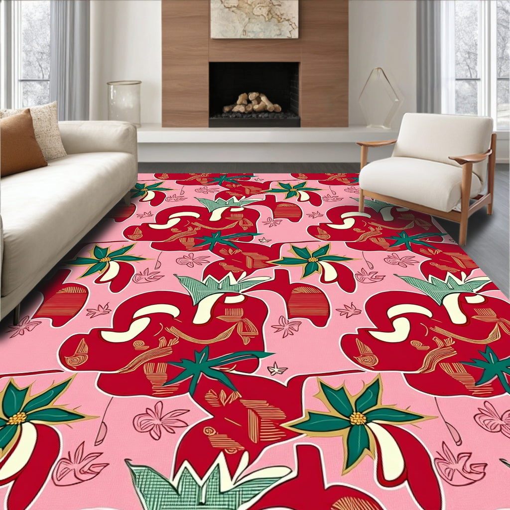 Red Green Floral Abstract Pattern Design Rug