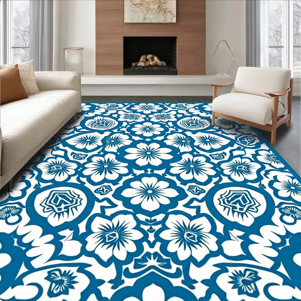 Classic Blue White Floral Damask Pattern Rug