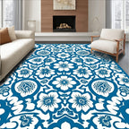 Classic Blue White Floral Damask Pattern Rug