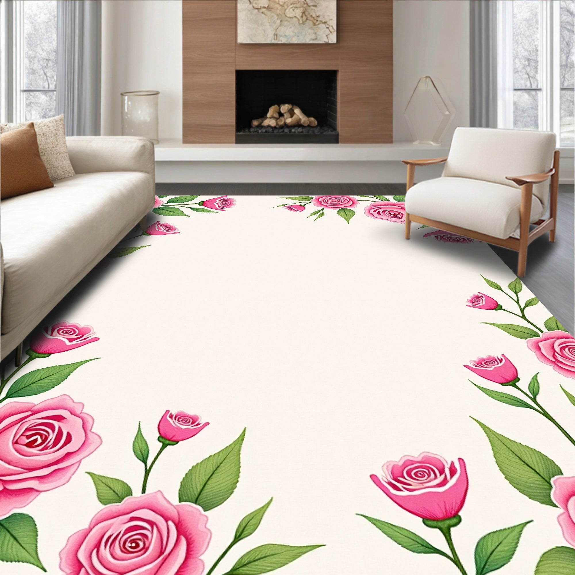Pink Rose Blossom Floral Pattern Rug
