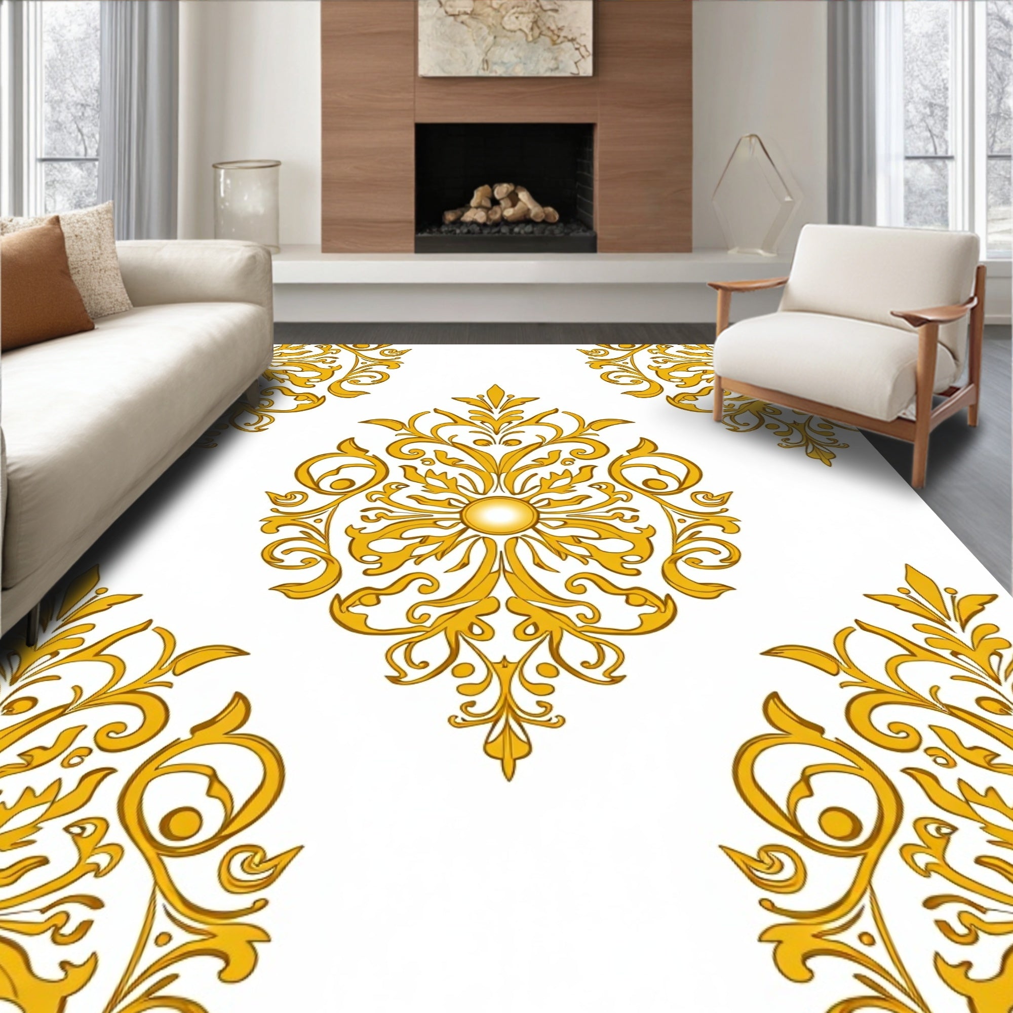 Opulent Golden Floral Damask Pattern Rug