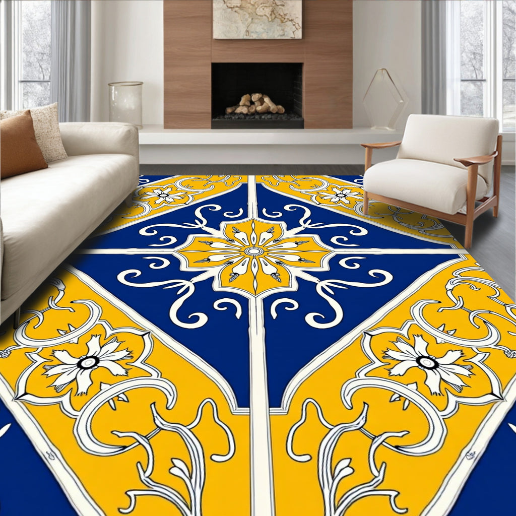 Royal Blue Yellow Floral Tile Rug