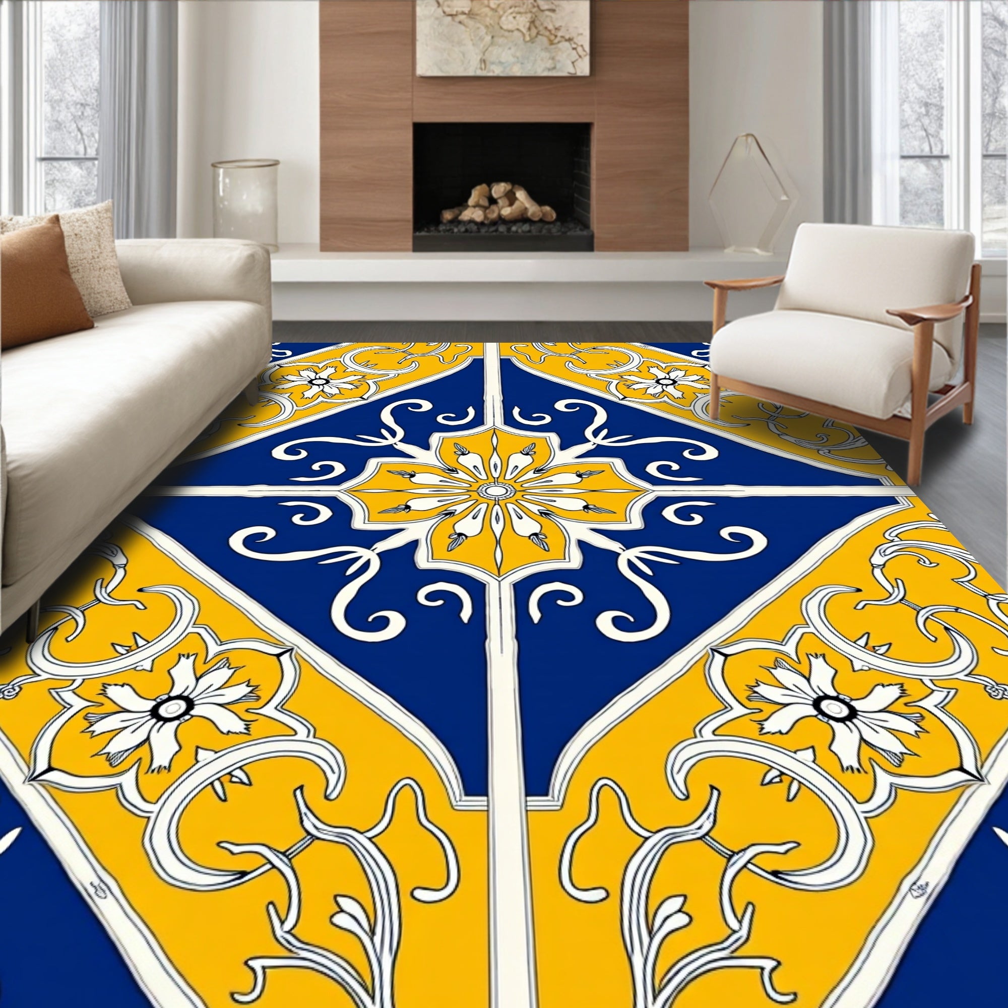 Royal Blue Yellow Floral Tile Rug