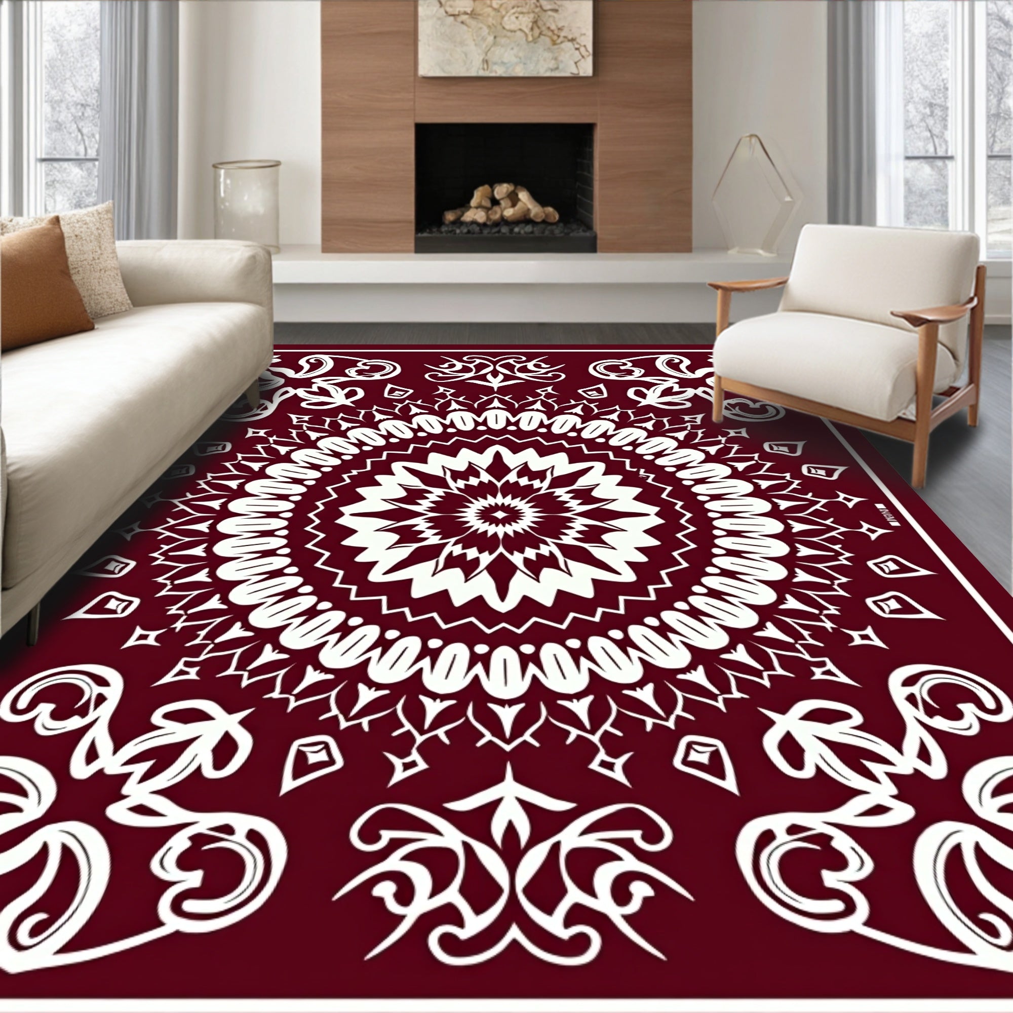 Crimson White Intricate Floral Mandala Pattern Rug