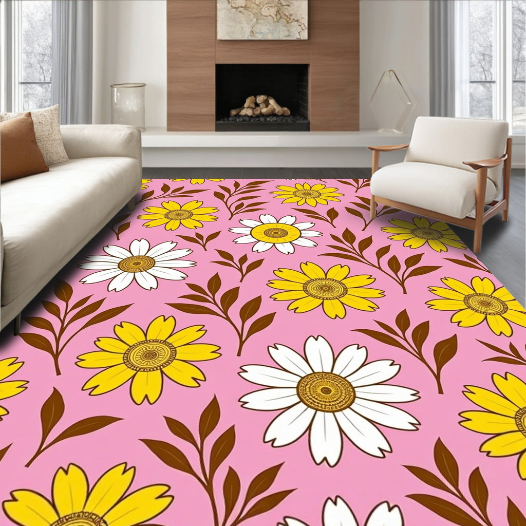 Charming Yellow White Floral Pattern Rug