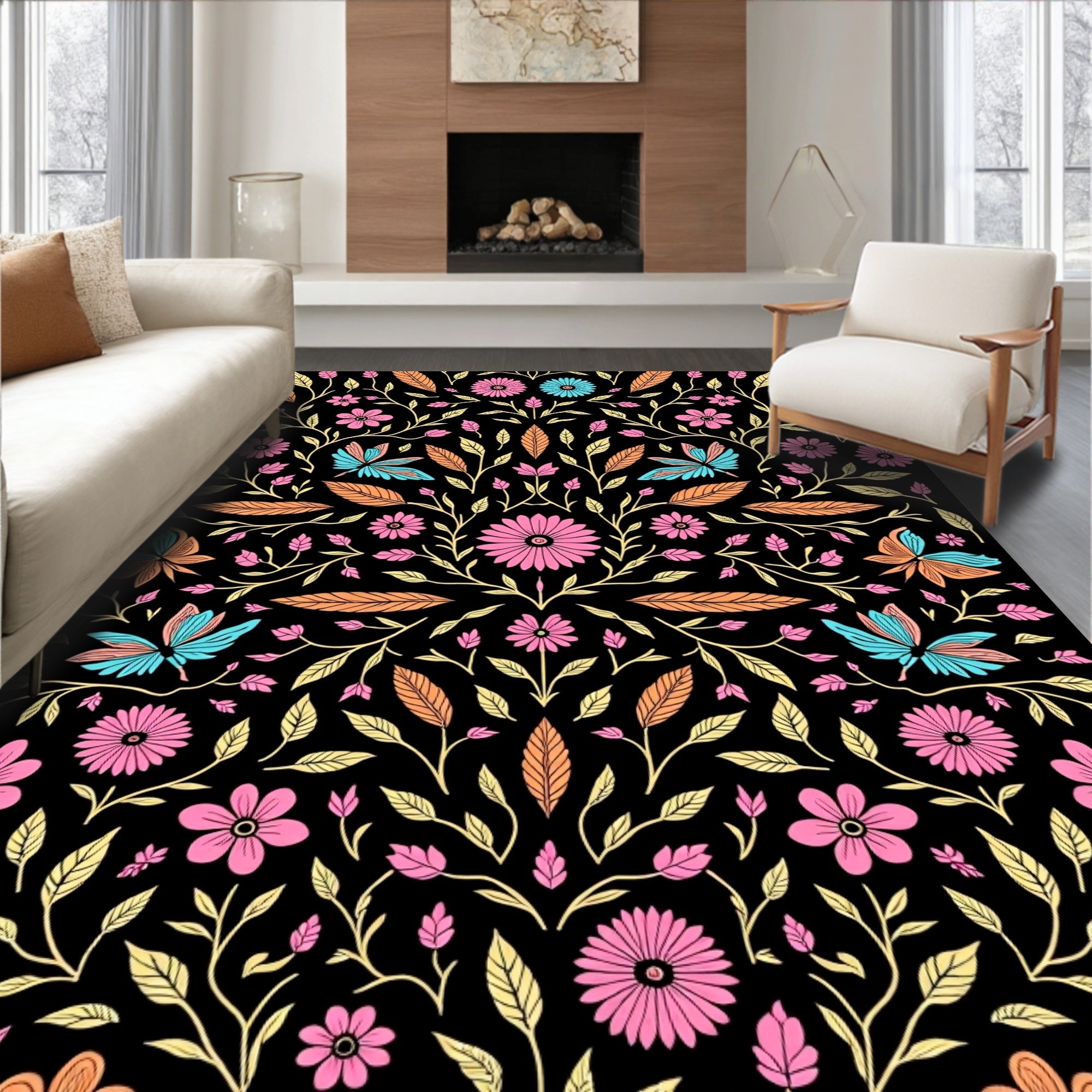 Whimsical Butterfly Floral Pattern Design Rug