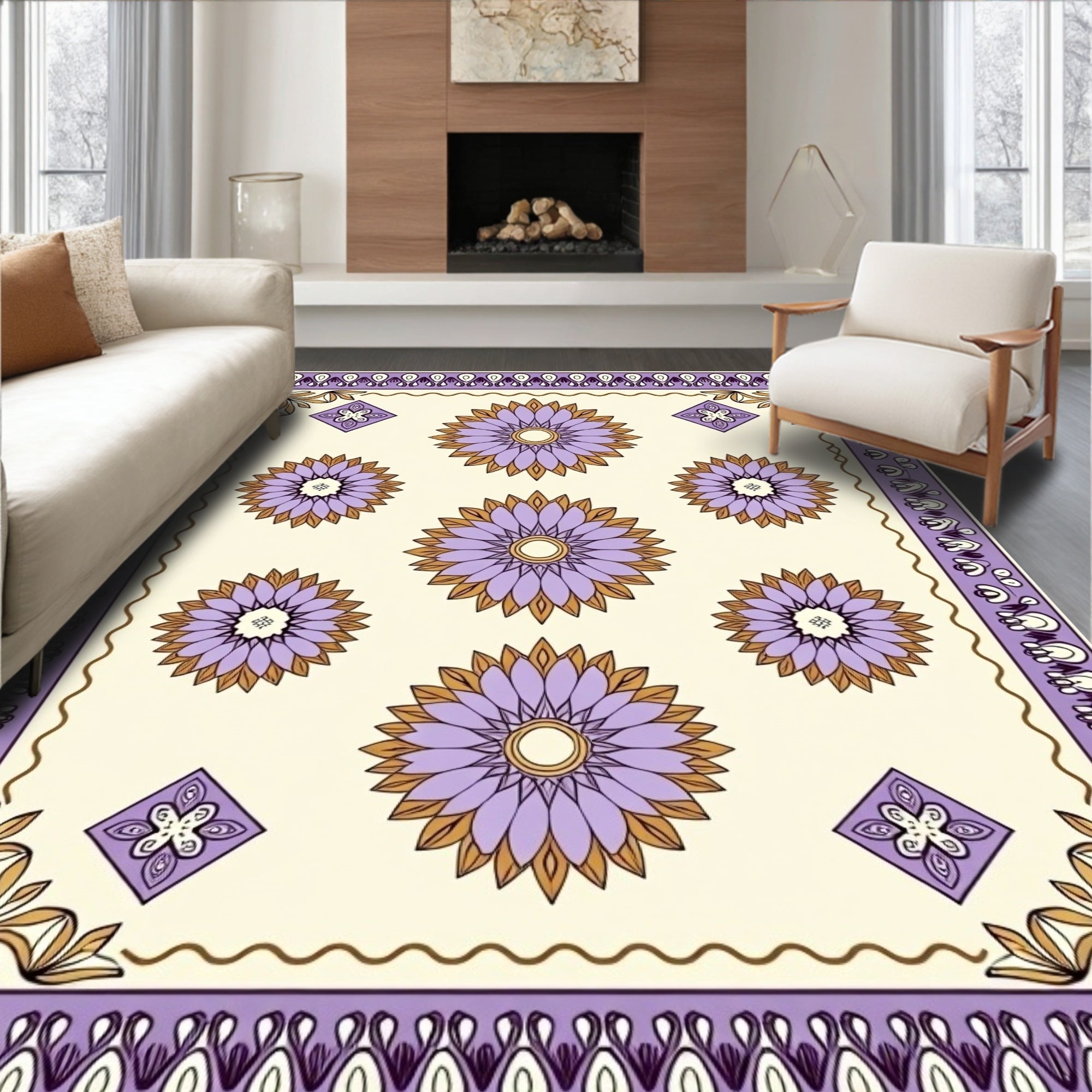 Purple Gold Floral Medallion Border Rug
