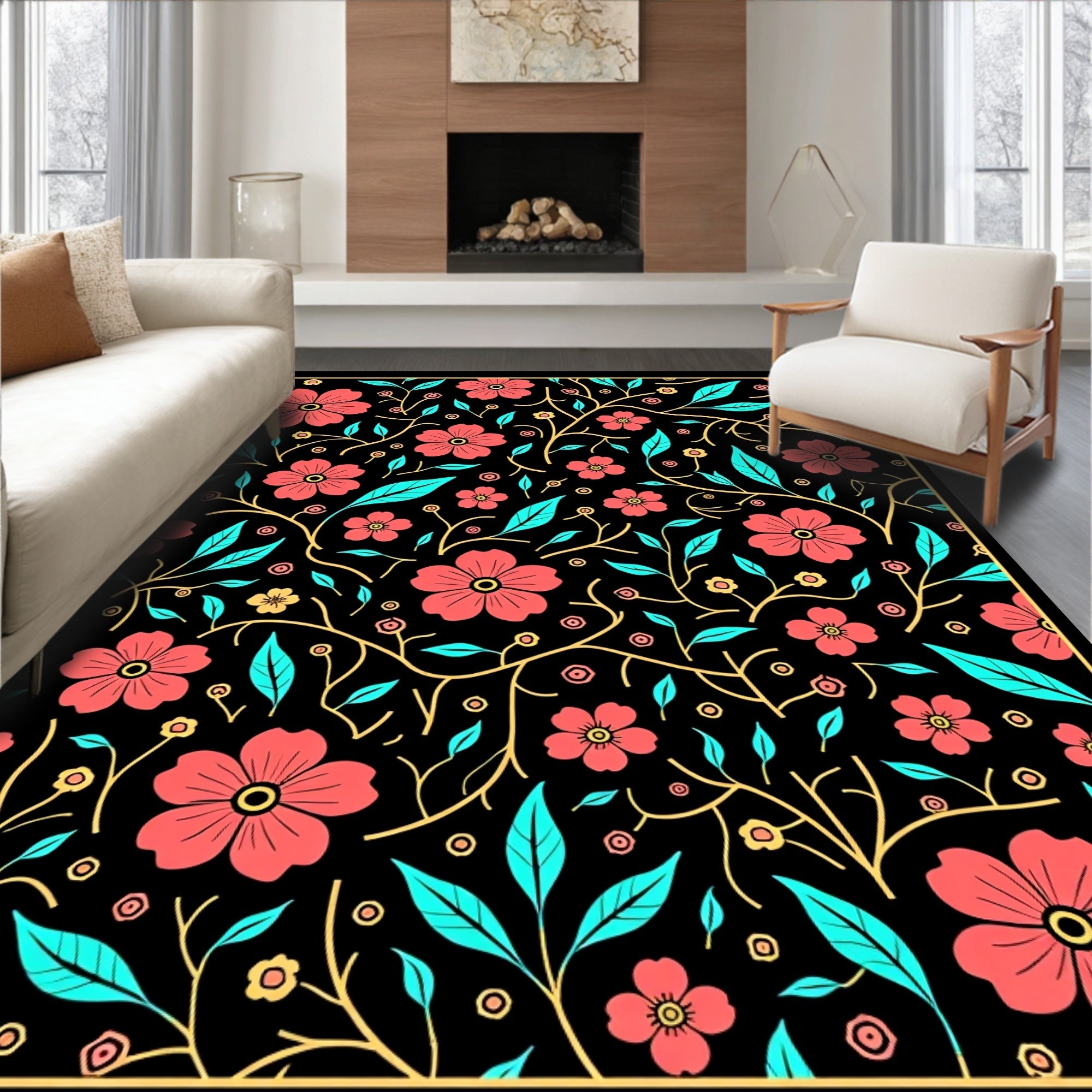 Coral Floral Vine Pattern Rug
