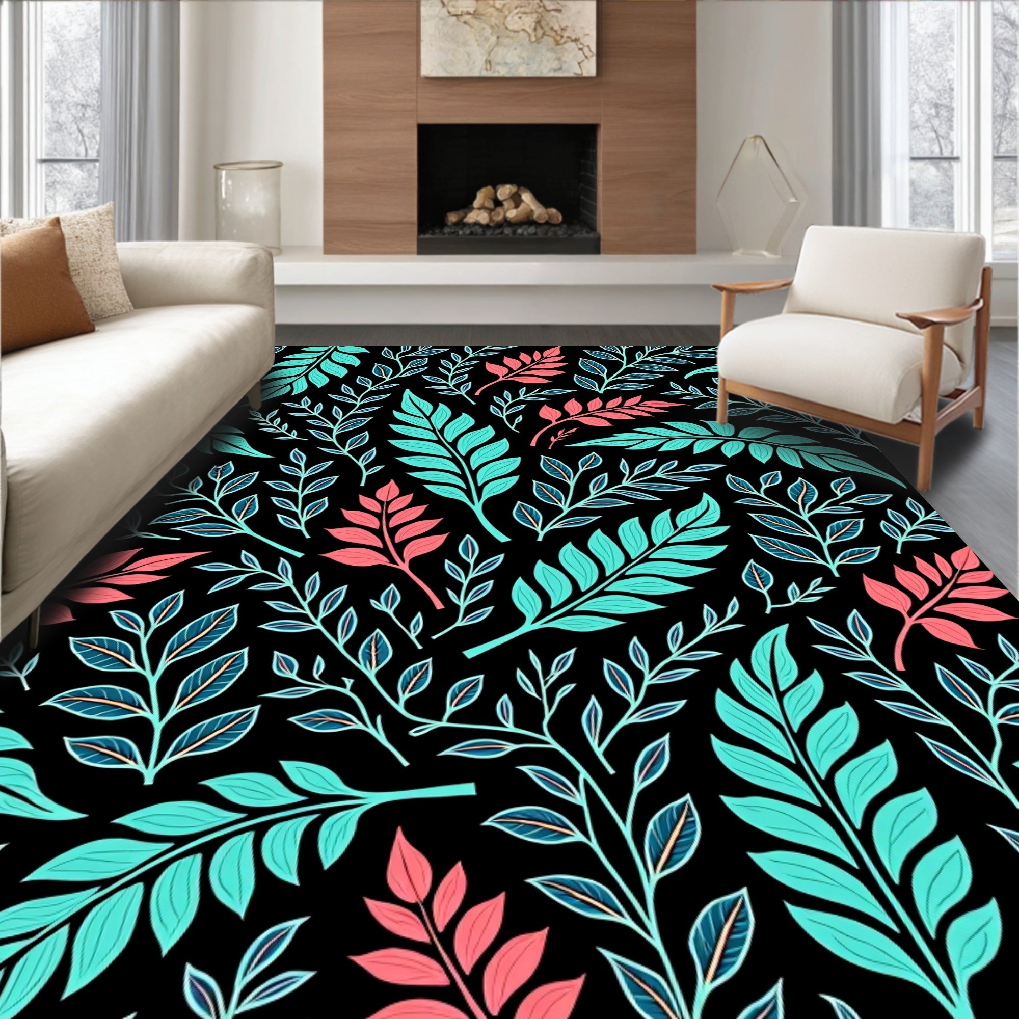 Aqua Coral Foliage Branches Black Background Rug