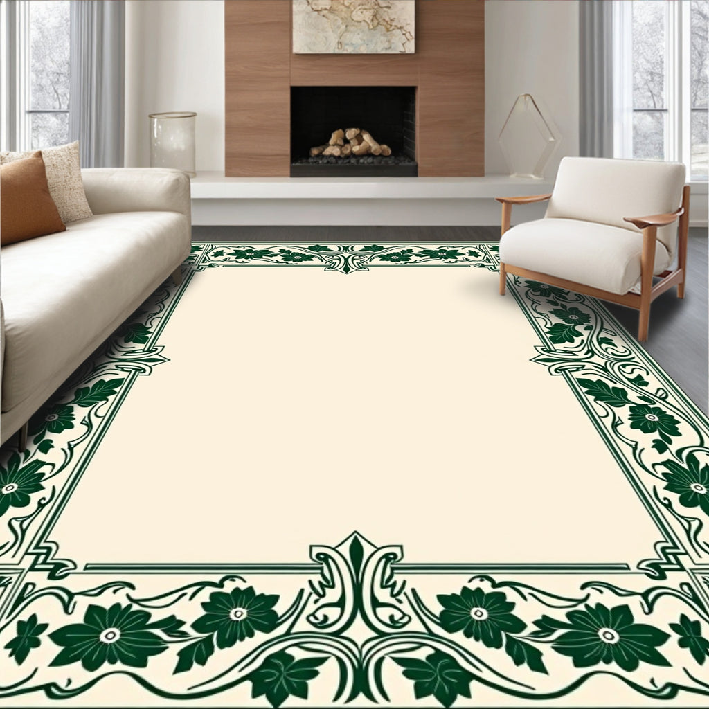 Elegant Green Floral Vine Border Rug