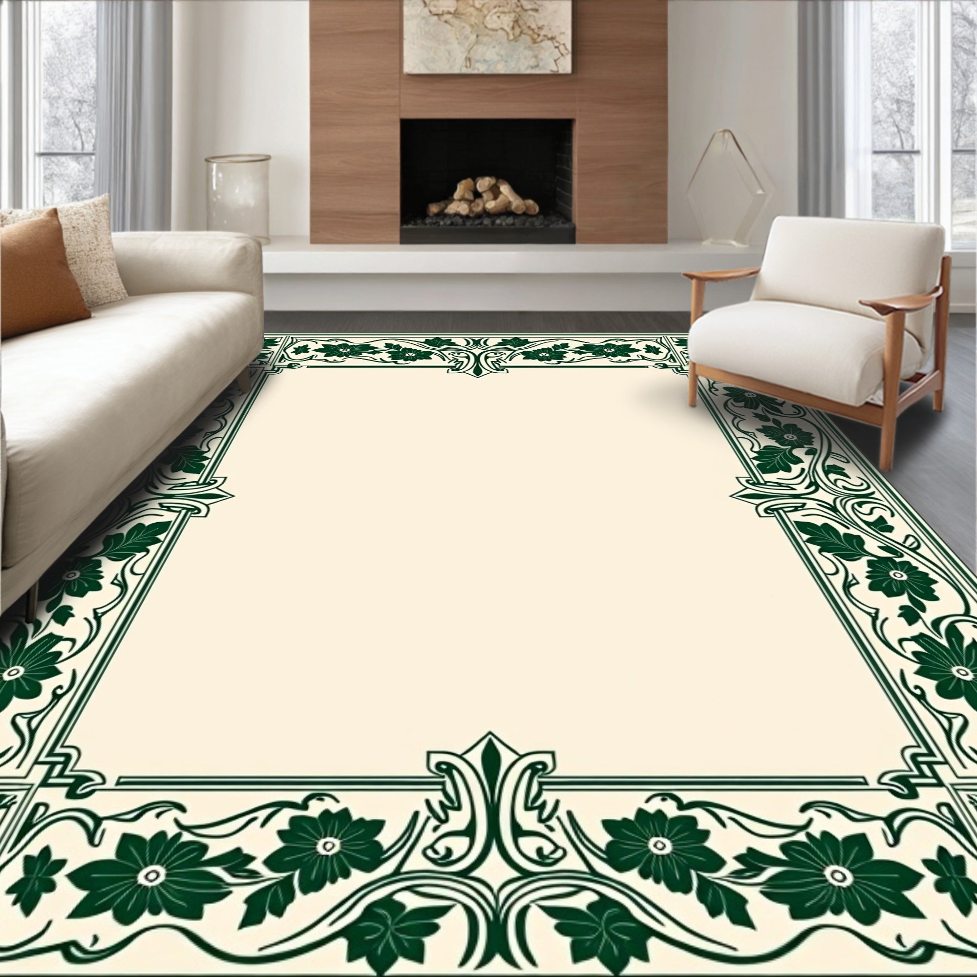 Elegant Green Floral Vine Border Rug