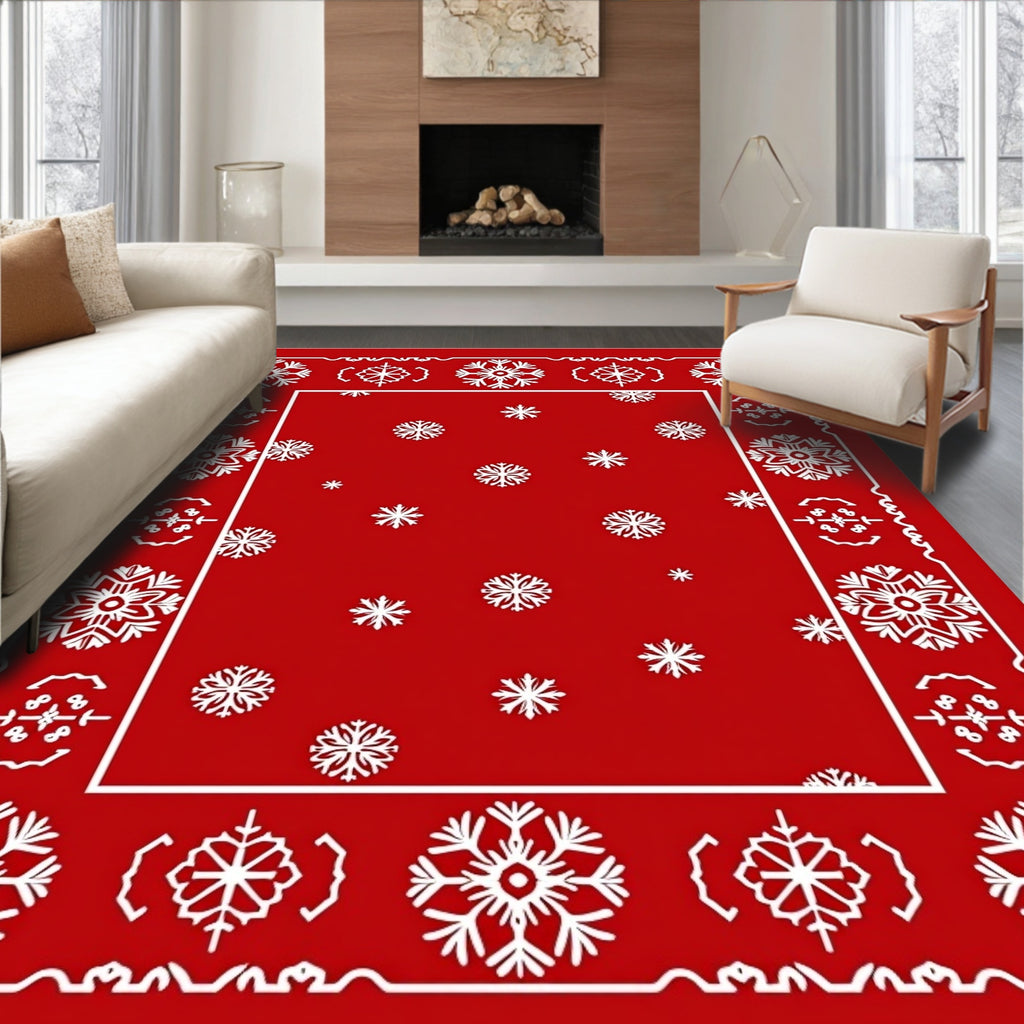 Red Snowflake Border Pattern Rug