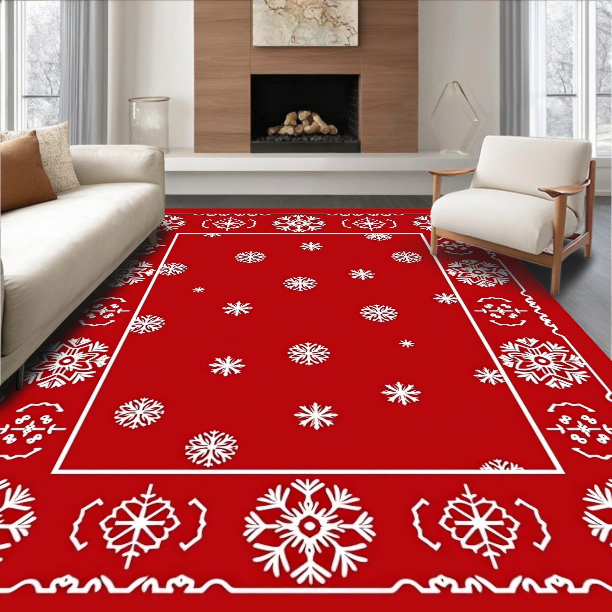 Red Snowflake Border Pattern Rug