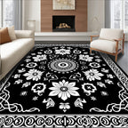 Floral Mandala Patterned Black White Rug