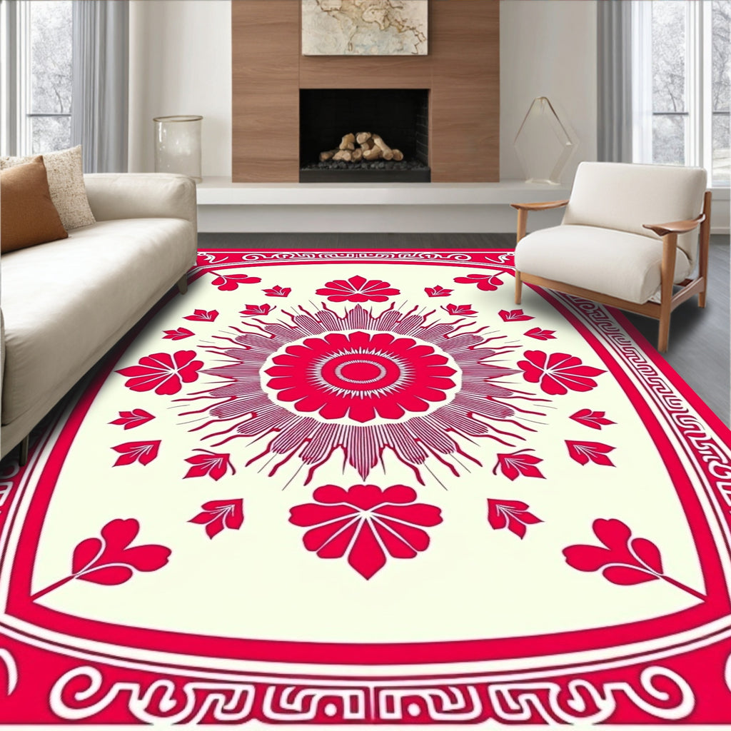 Vibrant Red Festive Floral Design Rug