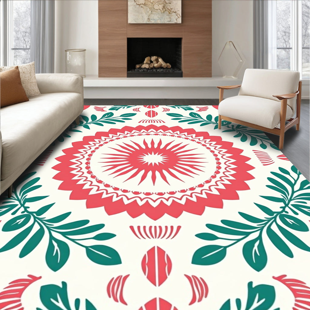 Coral Teal Floral Sunburst Design Rug