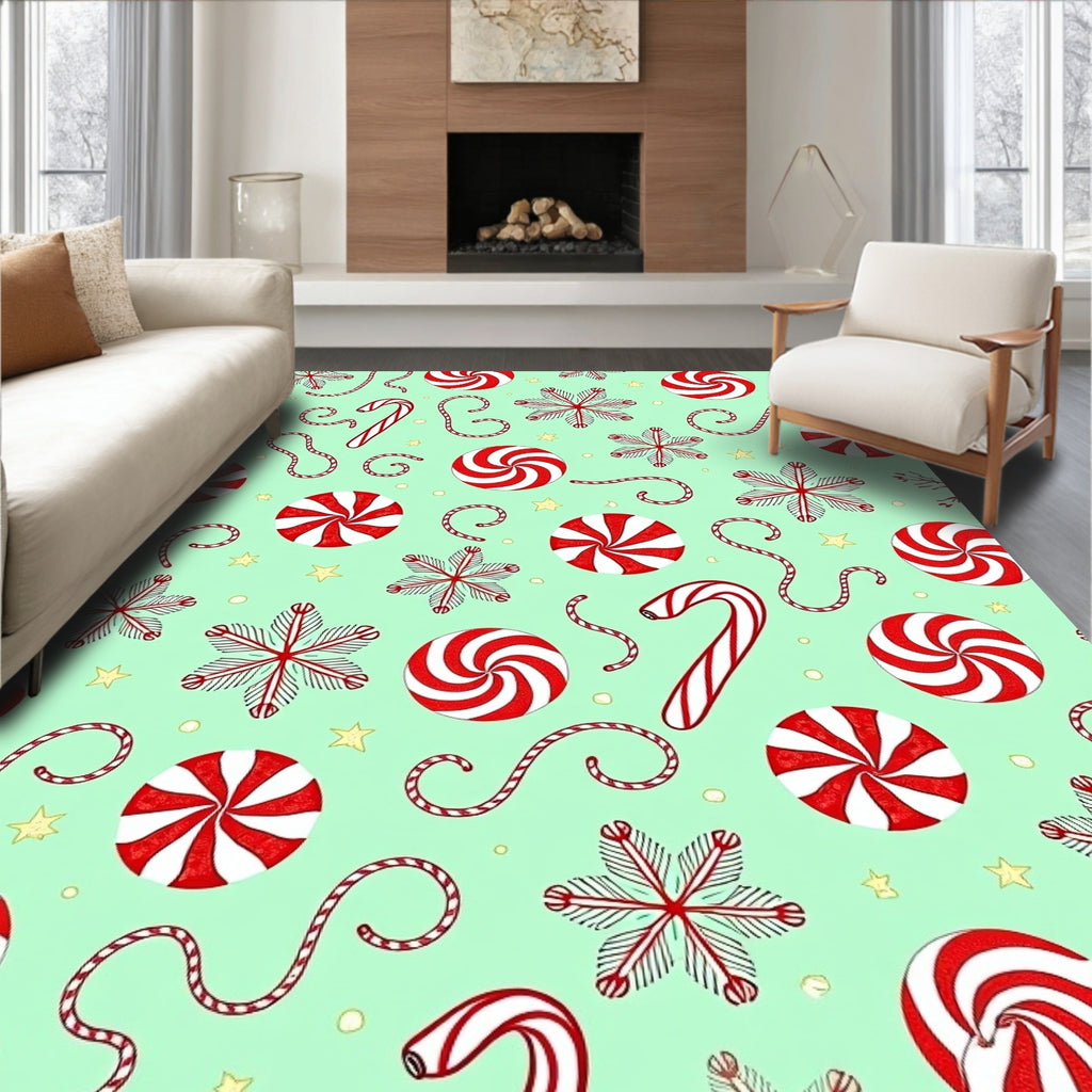 Red Swirl Snowflake Candy Cane Pattern Rug
