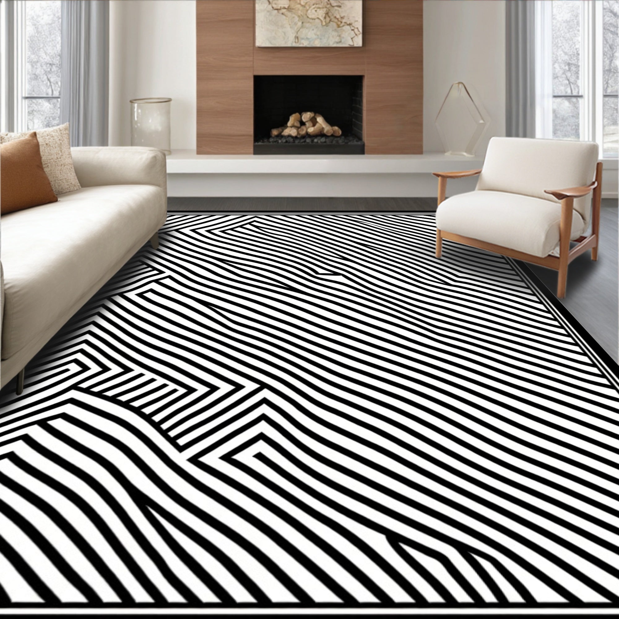 Abstract Black White Striped Pattern Rug