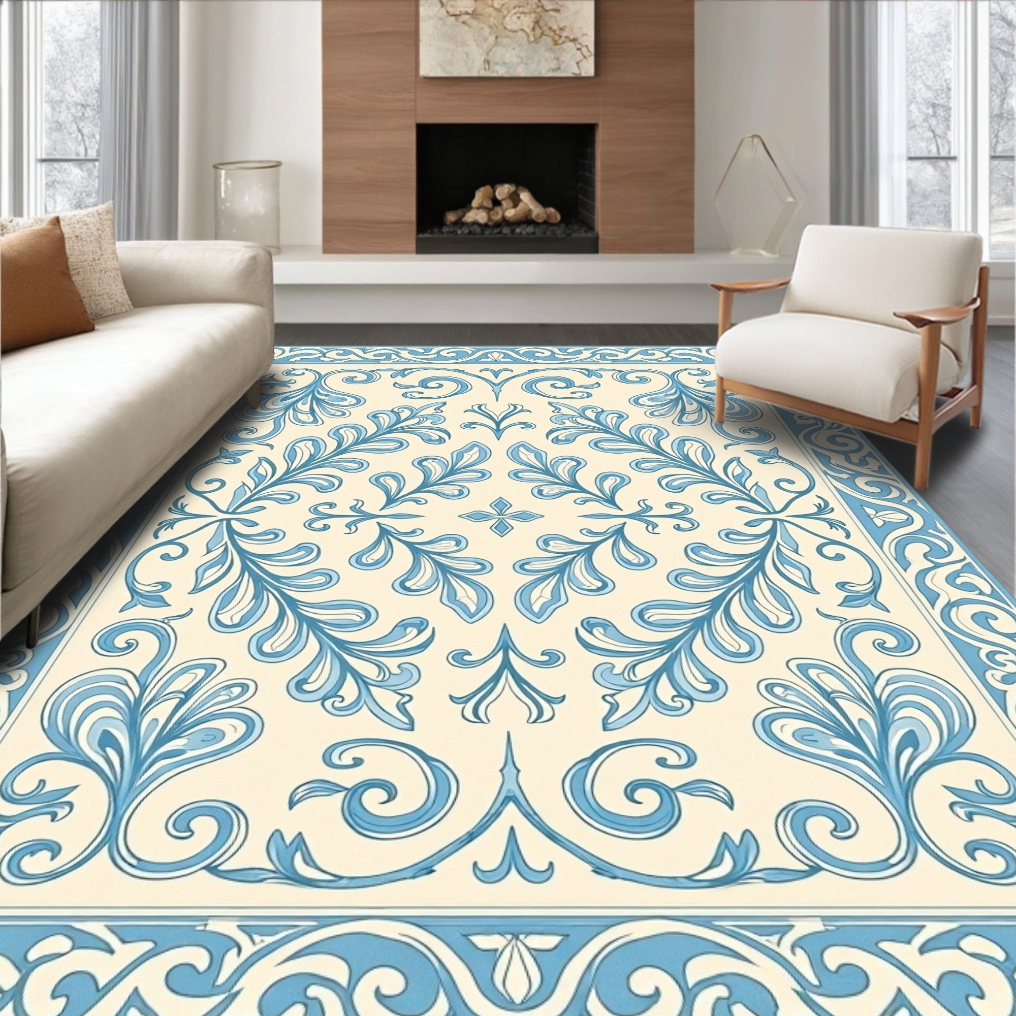 Classic Blue Floral Vine Scroll Pattern Rug