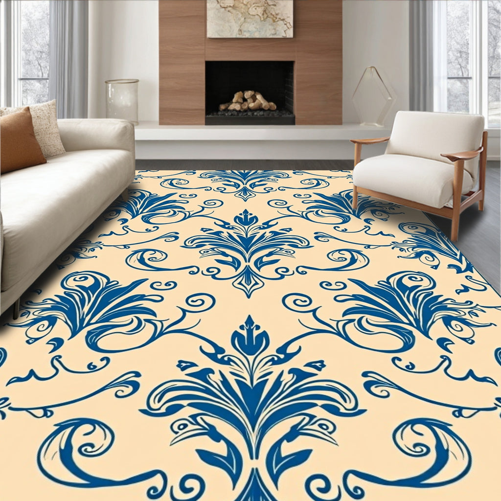 Classic Blue Floral Scroll Design Rug