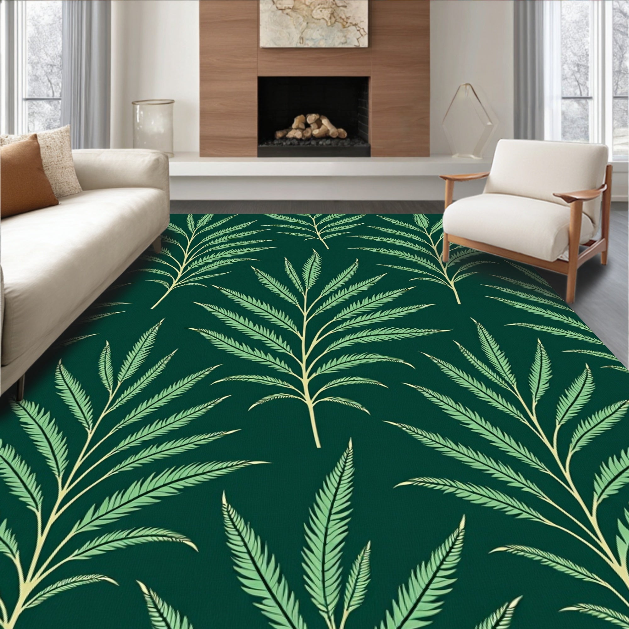 Green Tropical Leaf Pattern Rug