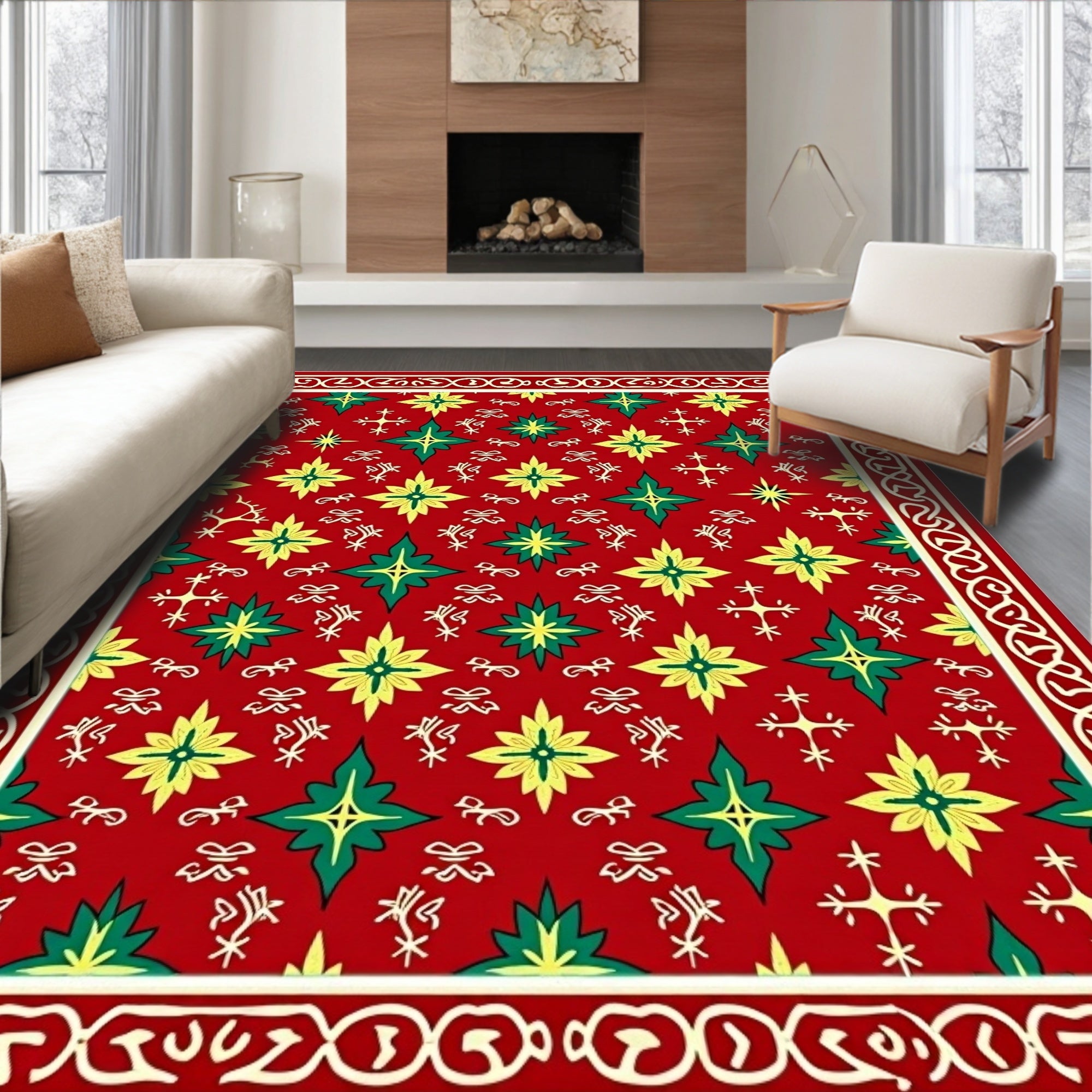 Crimson Floral Geometric Embossed Rug
